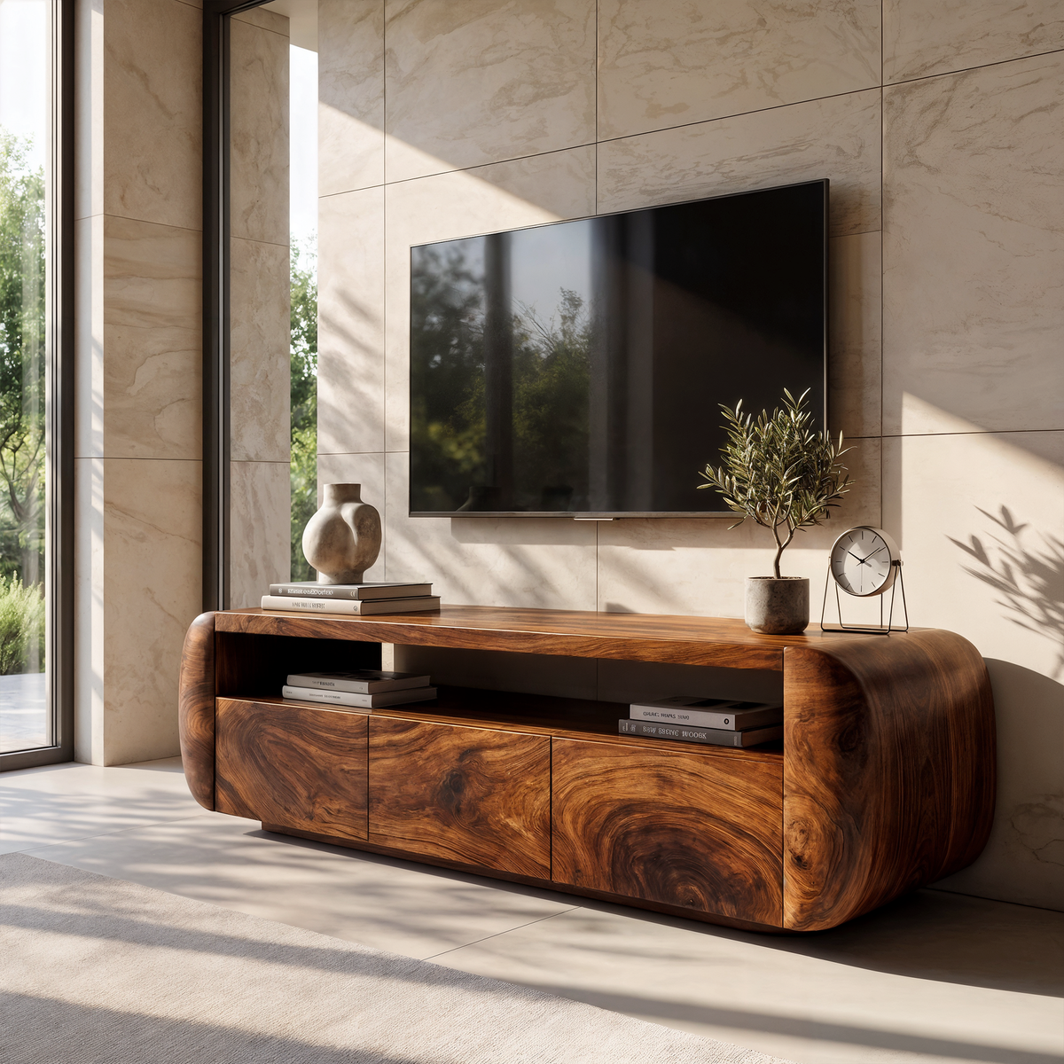 Meuble TV contemporain avec forme en bois sculpturale pour salon et séjour SINLKITVC095