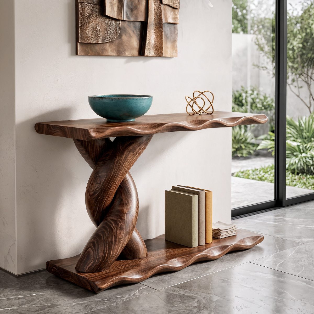 Table console contemporaine avec base en spirale et étagère de rangement inférieure pour salon SINLKICS701