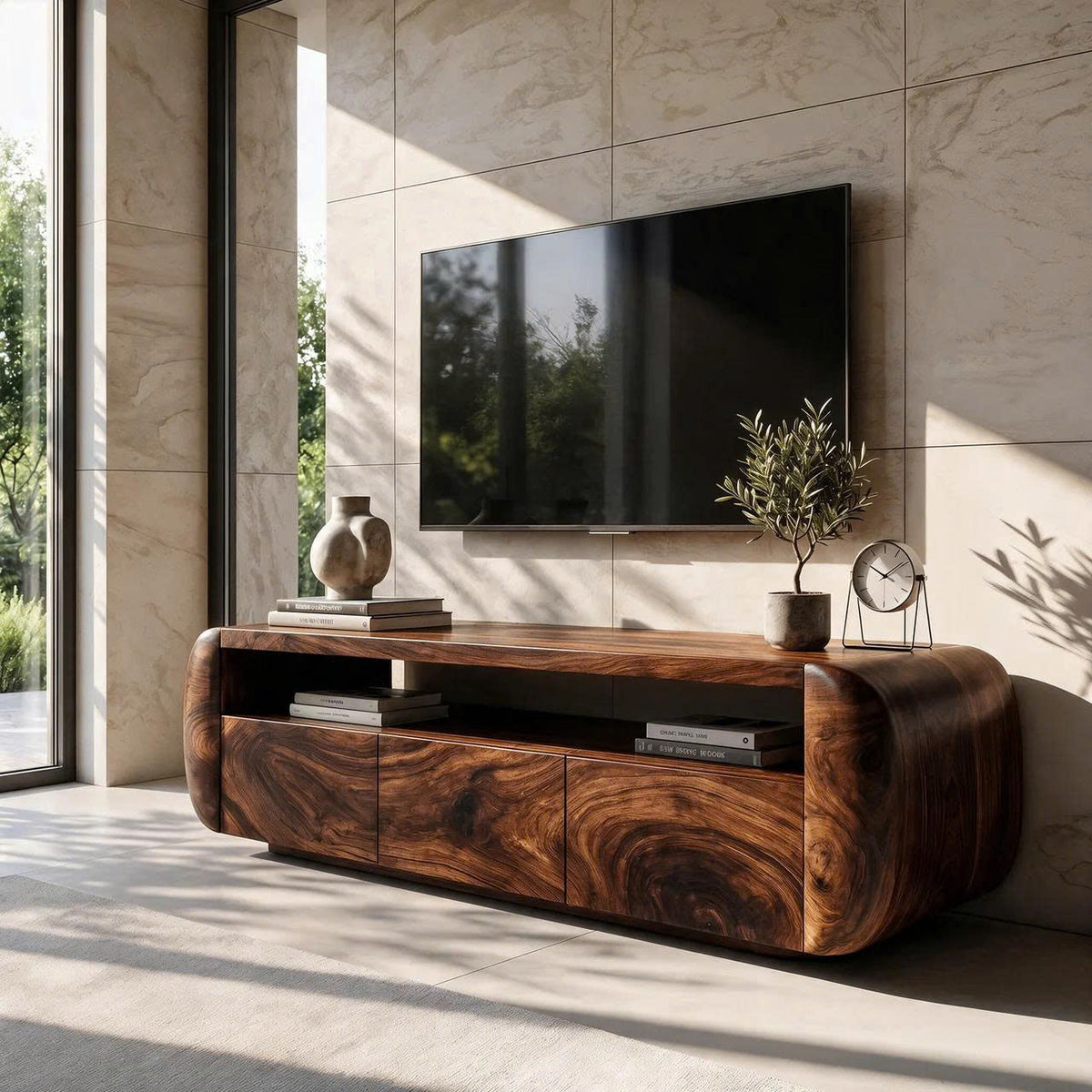 Meuble TV contemporain avec forme en bois sculpturale pour salon et séjour SINLKITVC095