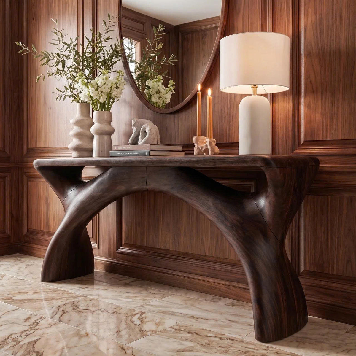 Console d'entrée style Mid-Century avec structure aux courbes fluides SINLKIFLP144