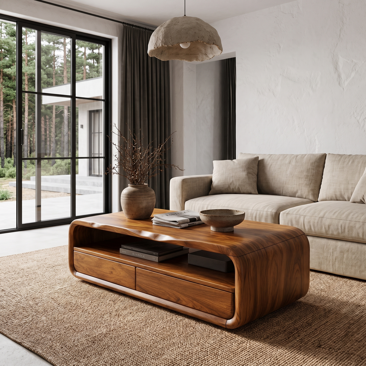 Table basse du milieu du siècle avec cadre arrondi et rangement pour salon SINLHACF423