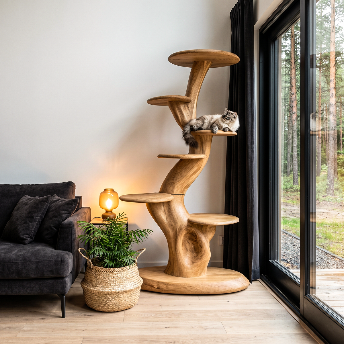 Arbre à chat sculptural rustique avec plateformes à plusieurs niveaux pour salon SINLHATT015