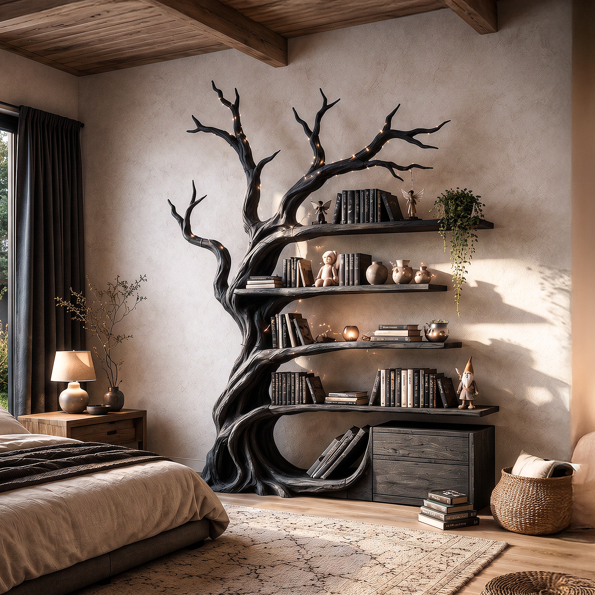 Bibliothèque moderne en forme d'arbre, étagères en branches fabriquées à la main pour bibliothèque maison SINLHATB768