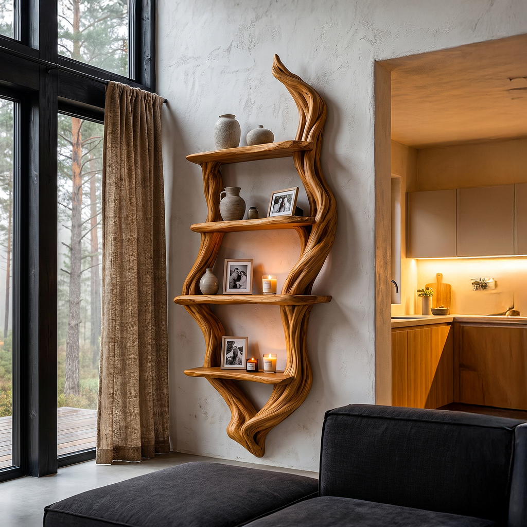 Étagère murale rustique, design branche d'arbre fabriqué à la main pour salon SINLHABS066