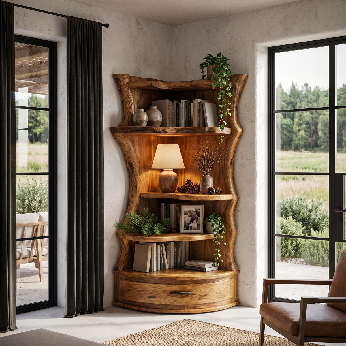 Étagère d'angle style Mid-Century avec base de rangement incurvée pour salon SINLHABS072