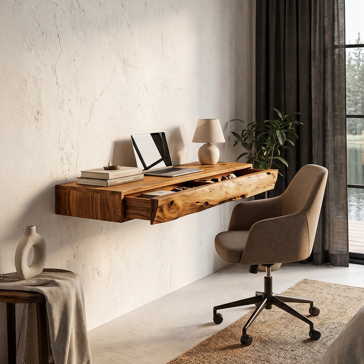 Bureau flottant rustique avec design à bord brut pour bureau à domicile et espace de travail SINLHADE169