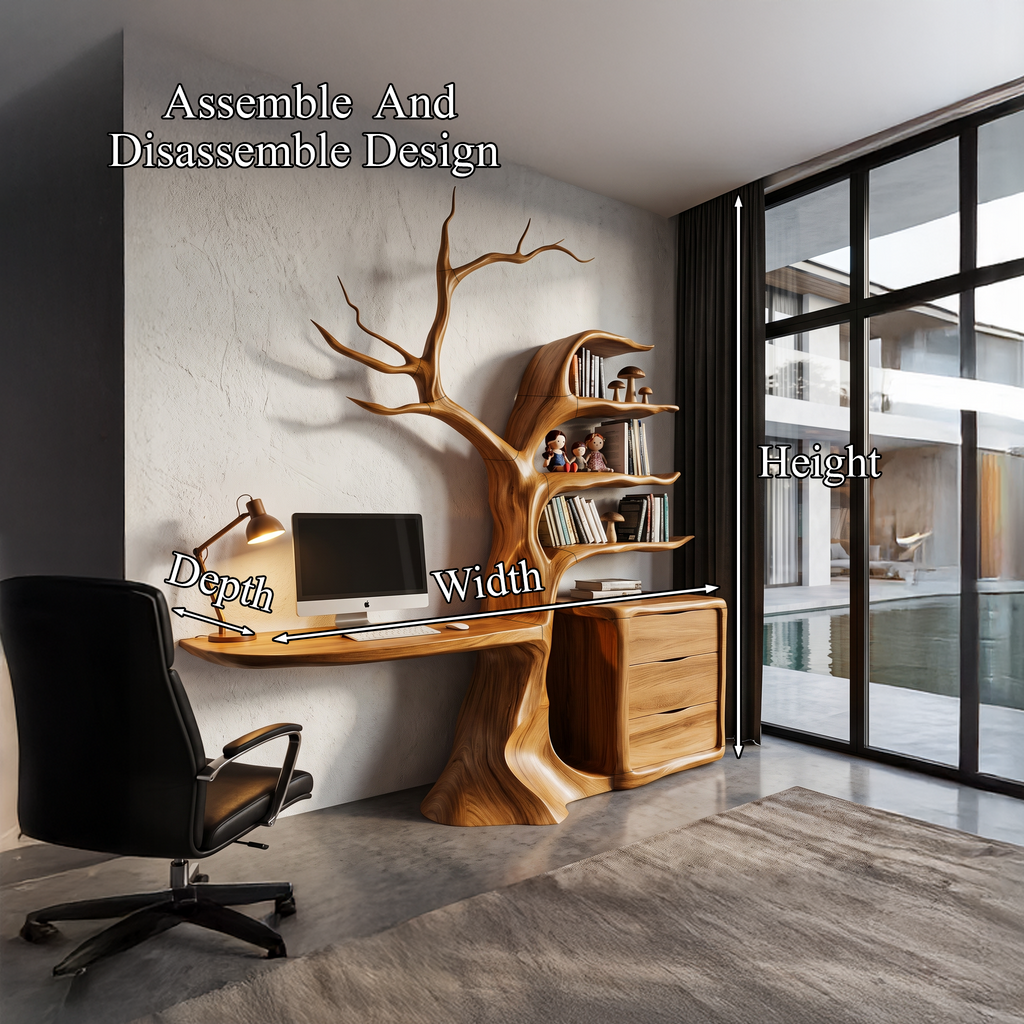 Bureau flottant naturel avec bibliothèque arbre sculpturale pour bureau à domicile SINLHADE172