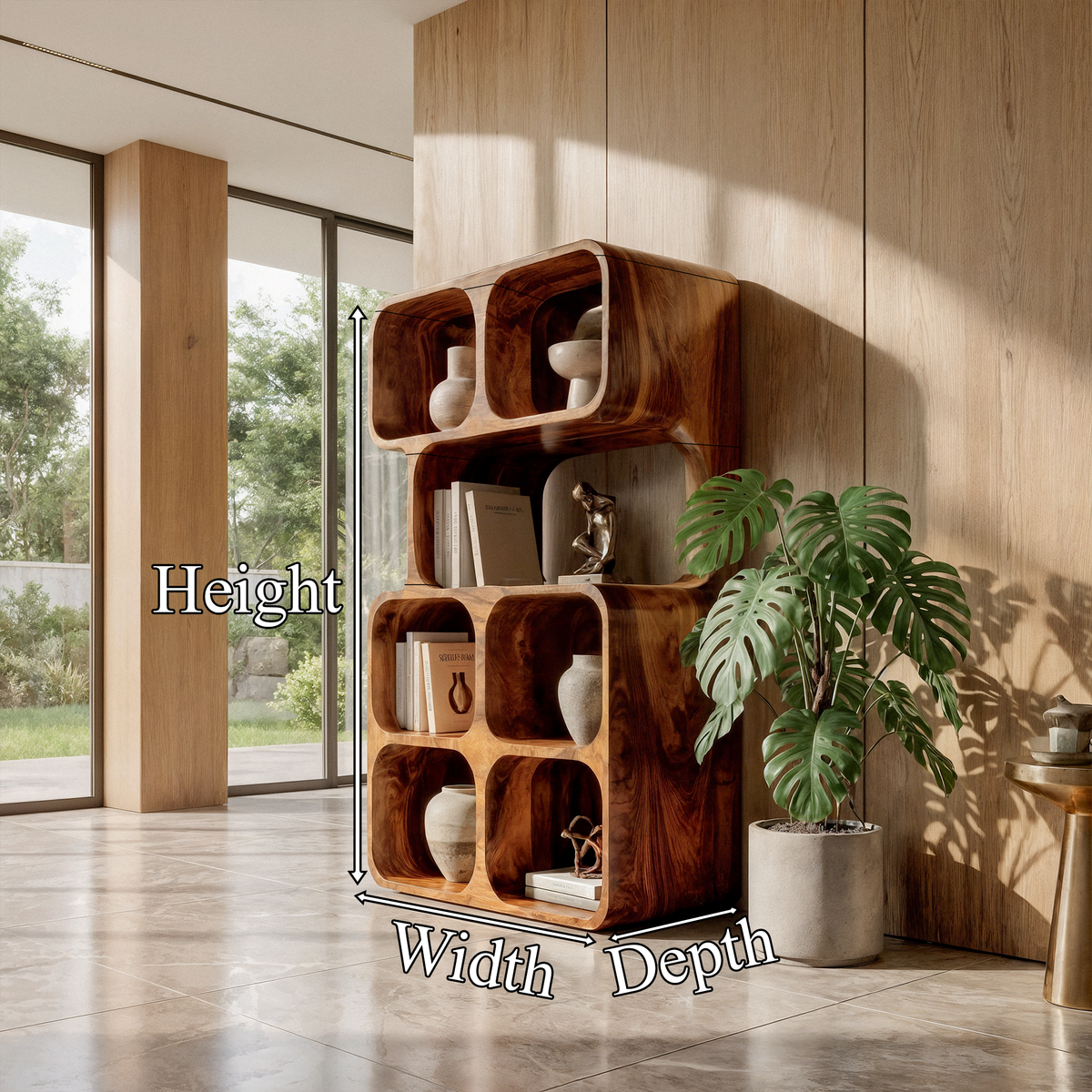 Bibliothèque inclinée artisanale au design en bois organique pour maison moderne SINLKIBS065