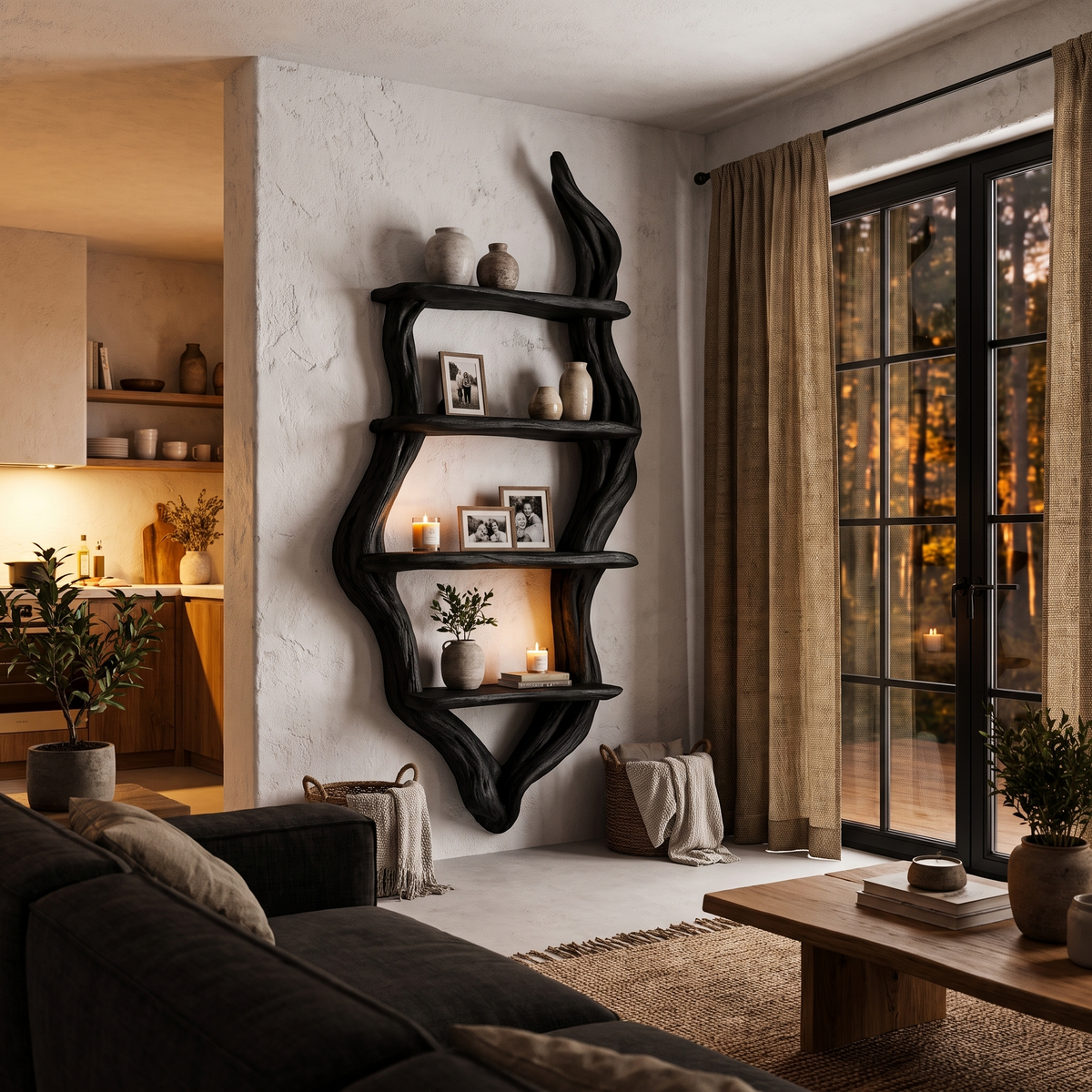 Étagère murale rustique, design branche d'arbre fabriqué à la main pour salon SINLHABS066