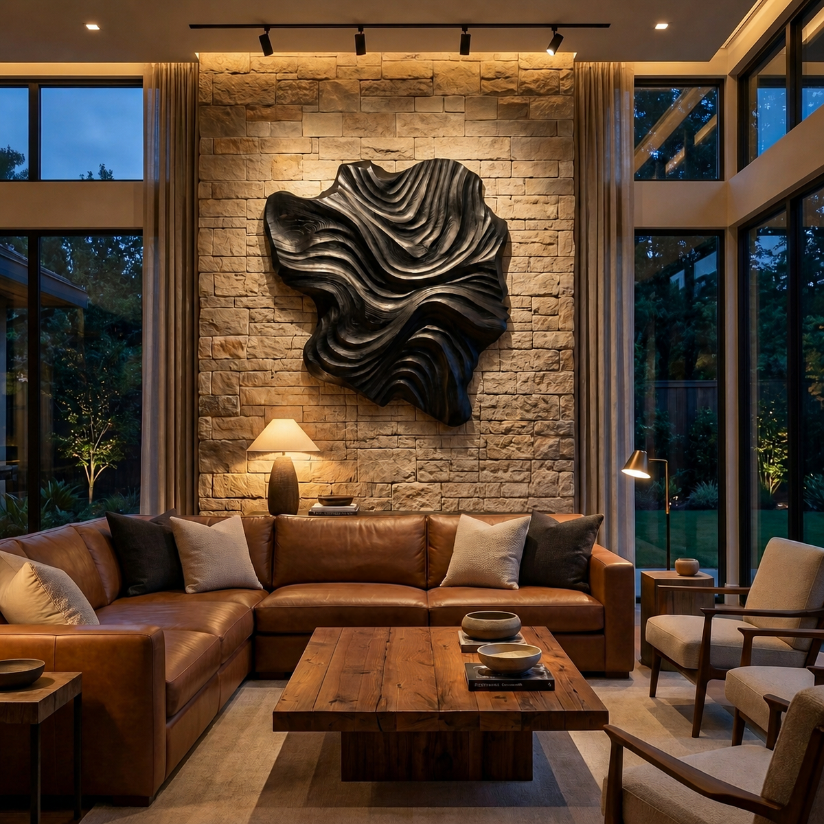 Art mural en bois organique au design de vague pour salon de luxe RTTHTTWA132