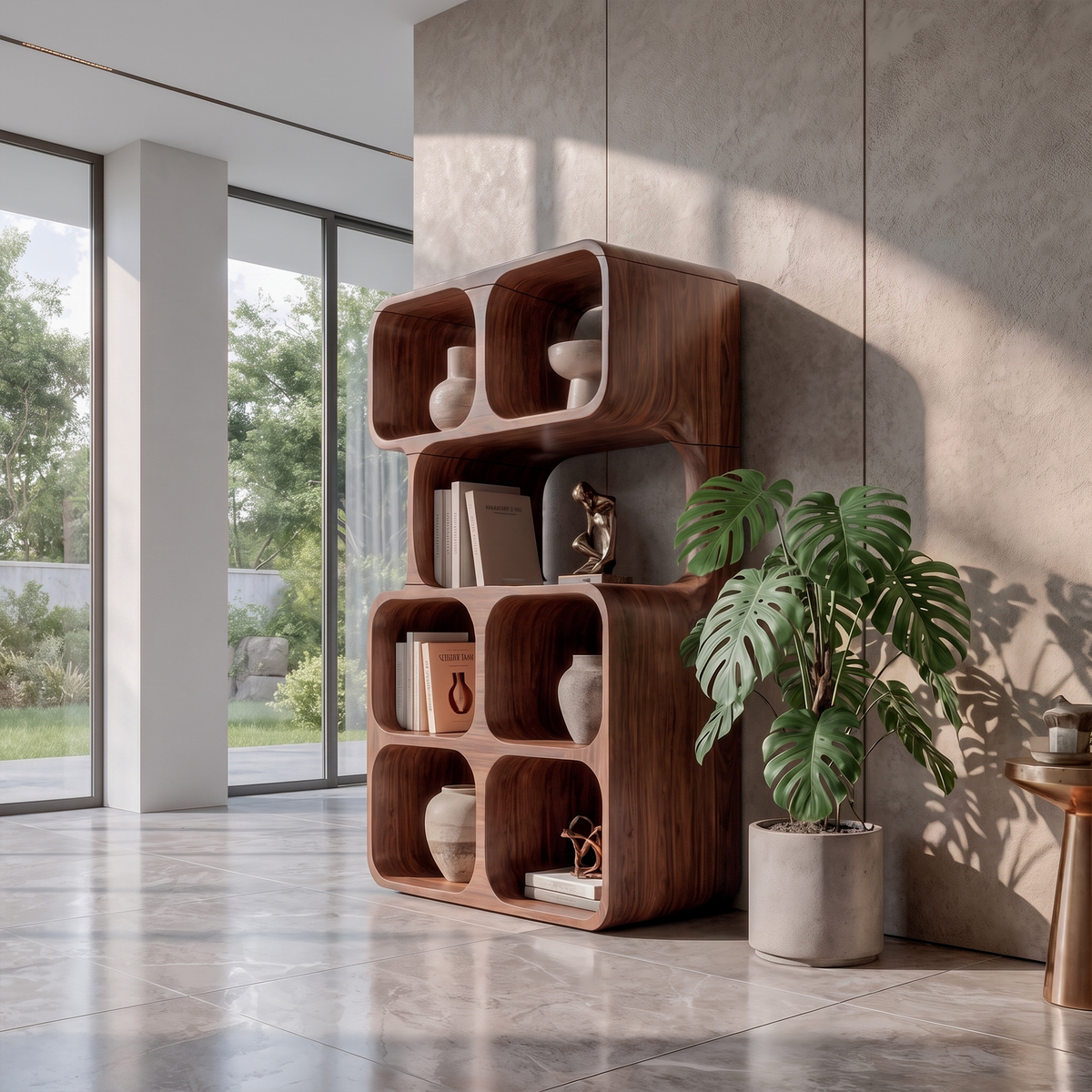 Bibliothèque inclinée artisanale au design en bois organique pour maison moderne SINLKIBS065