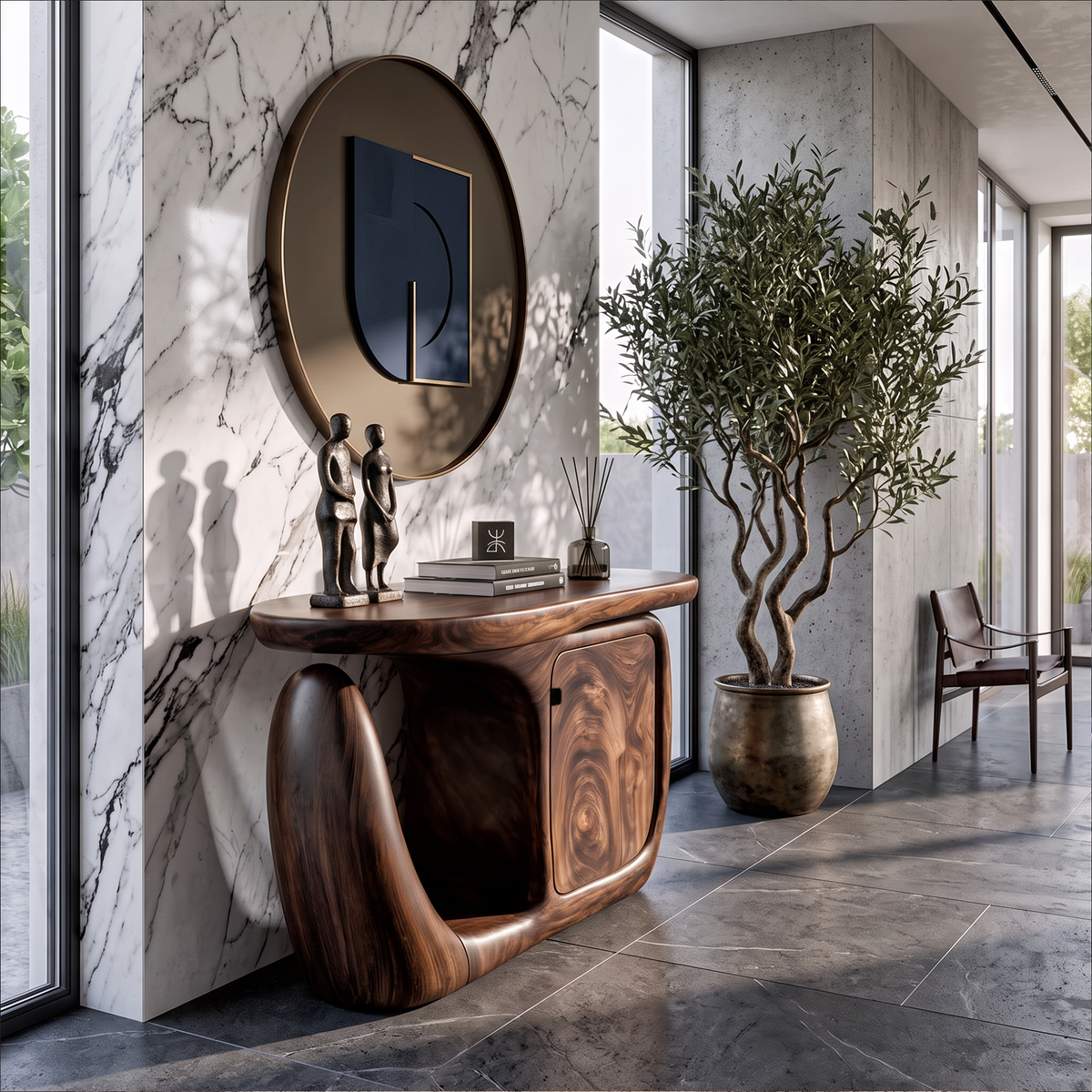 Table console contemporaine avec base sculpturale et rangement pour entrée SINLKICS704
