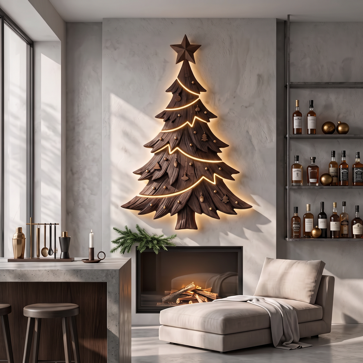Sculpture murale de Noël contemporaine avec silhouette de sapin pour salon SINLSAWA145