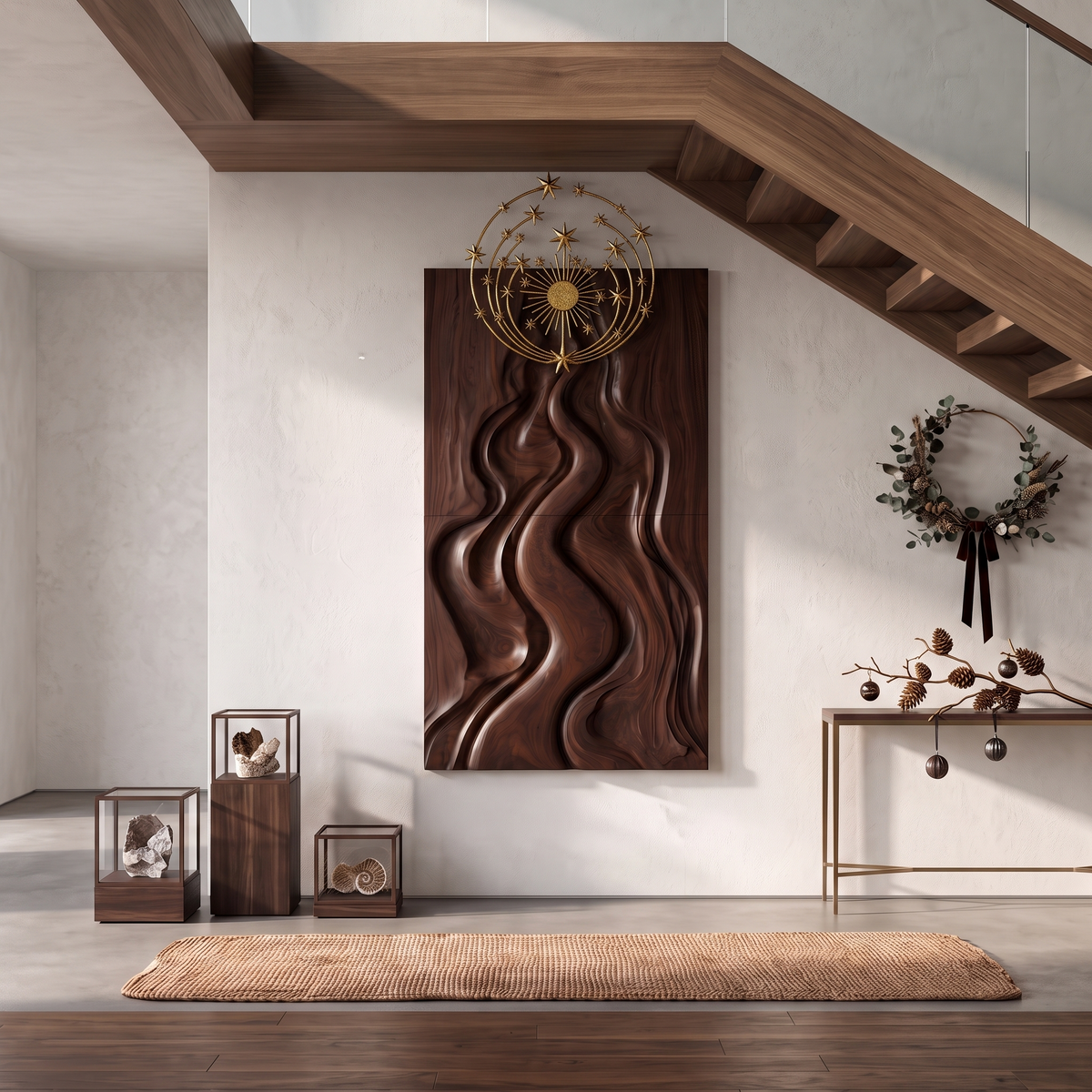Décoration murale abstraite de Noël naturelle au design sculpté fluide pour chambre à coucher SINLSAWA149