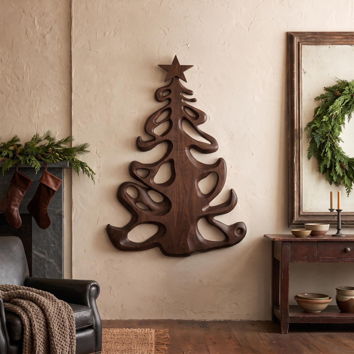 Décoration de Noël organique en bois avec silhouette d'arbre fluide pour entrée SINLSAWA152