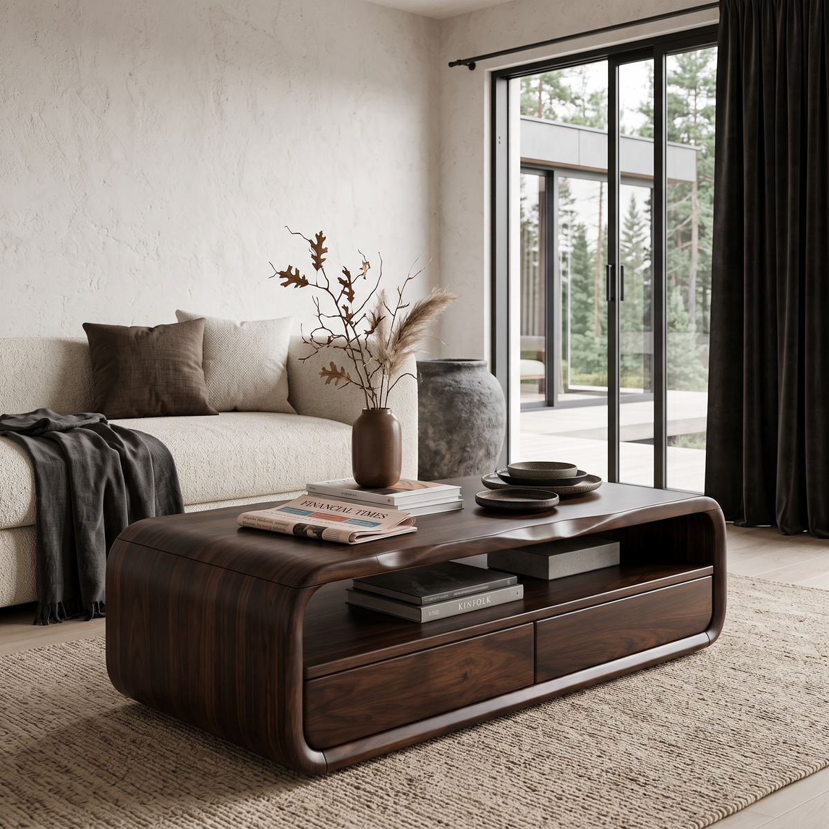 Table basse du milieu du siècle avec cadre arrondi et rangement pour salon SINLHACF423