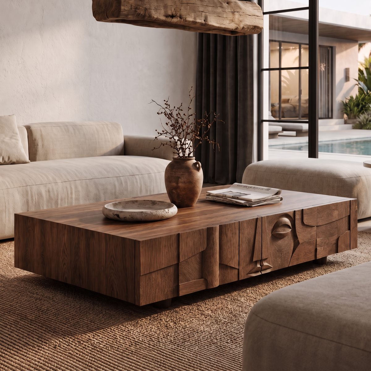 Table basse moderne avec tiroirs en relief texturé pour salon SINLHACF425