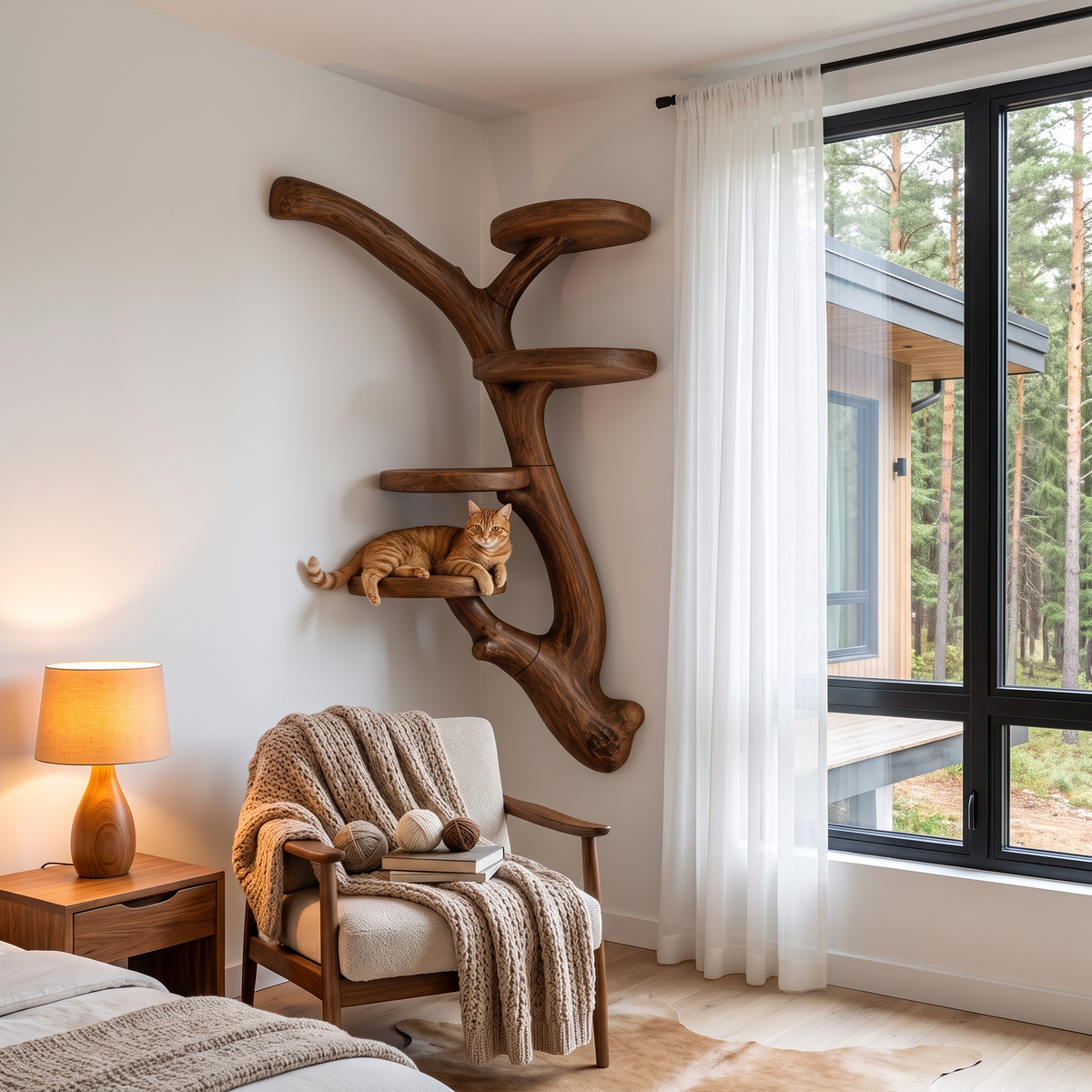Arbre à chat mural moderne avec plateformes inspirées de branches pour chats d'intérieur SINLHATT019