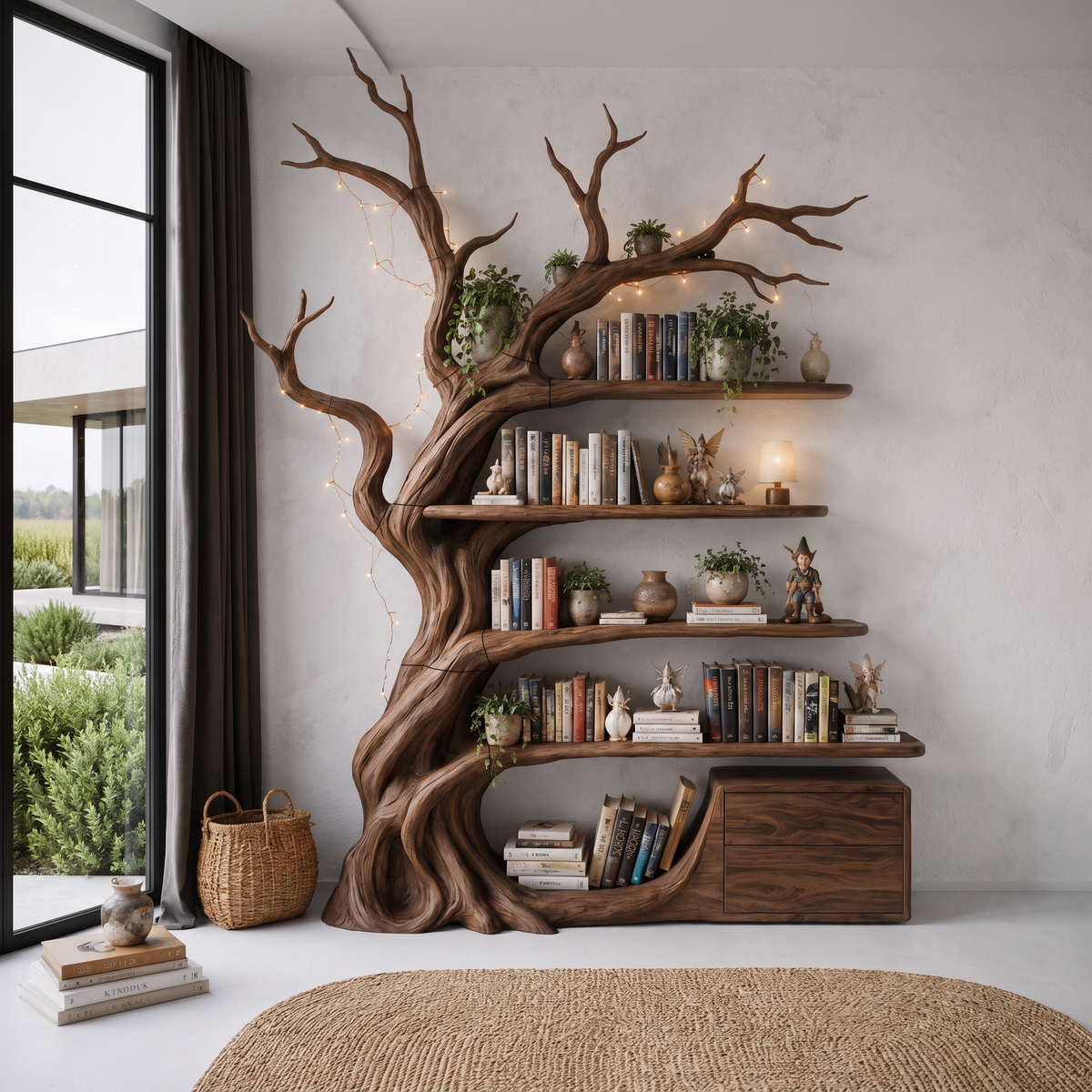 Bibliothèque moderne en forme d'arbre, étagères en branches fabriquées à la main pour bibliothèque maison SINLHATB768