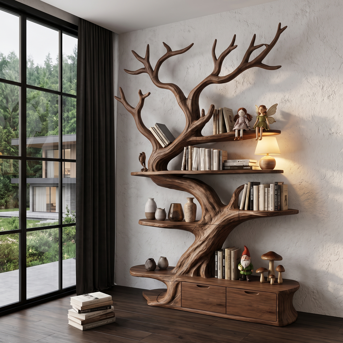 Bibliothèque arbre sculpturale, design en forme de branche d'arbre fait main pour bureau à domicile SINLHATB769