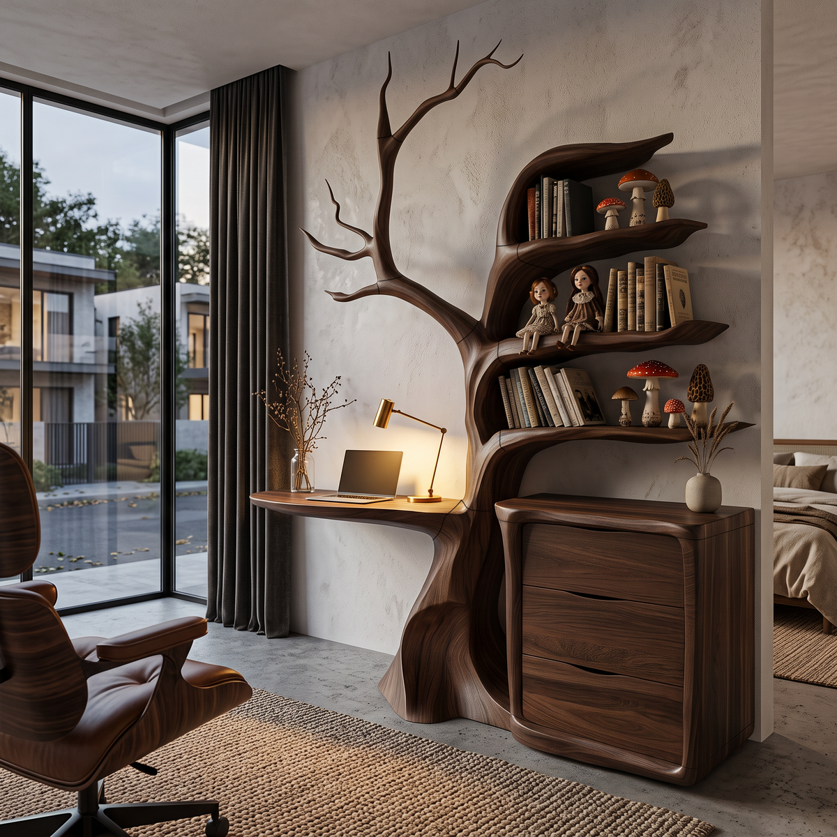 Bureau flottant naturel avec bibliothèque arbre sculpturale pour bureau à domicile SINLHADE172