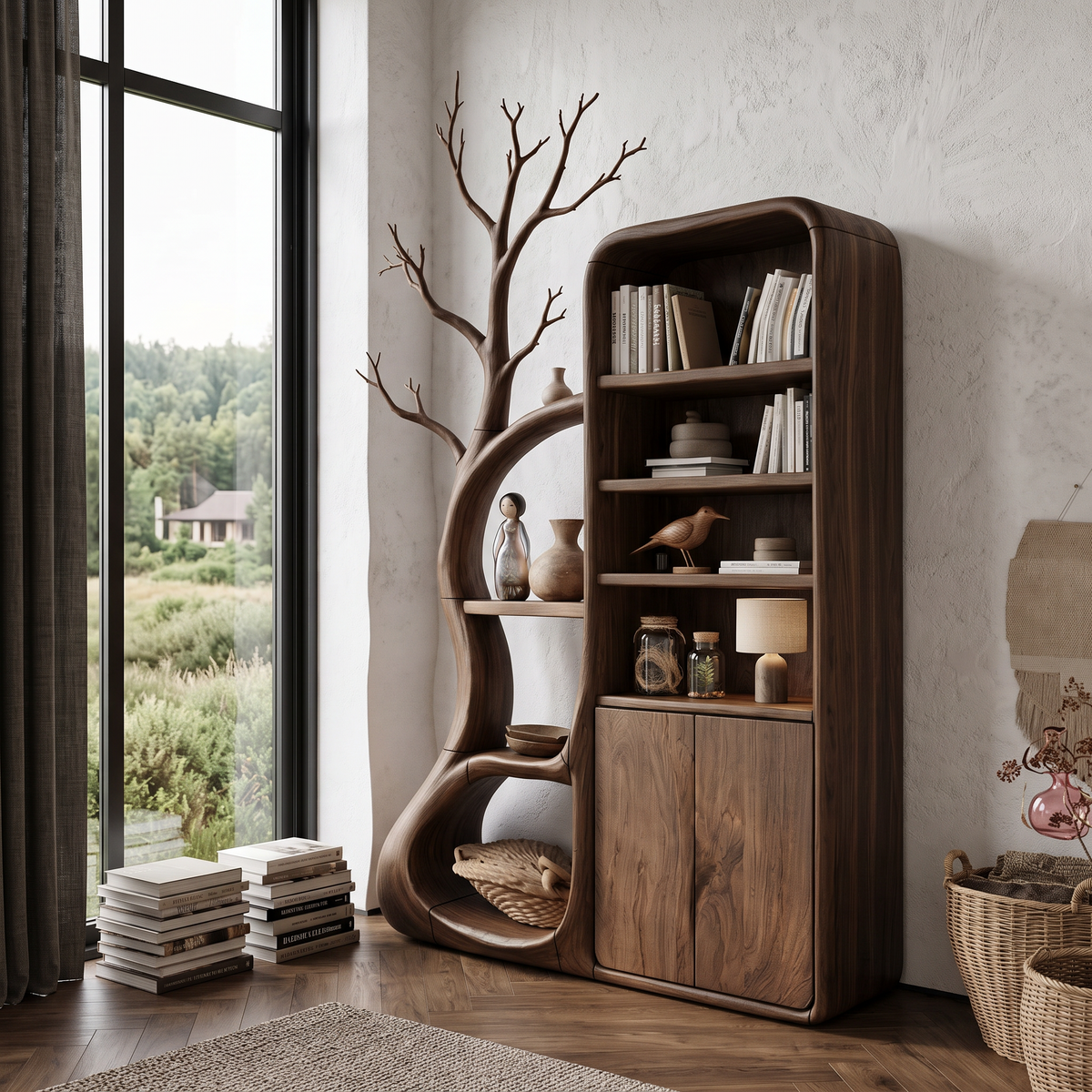 Meuble rustique avec étagères inspirées de branches pour salle de lecture SINLHASD541
