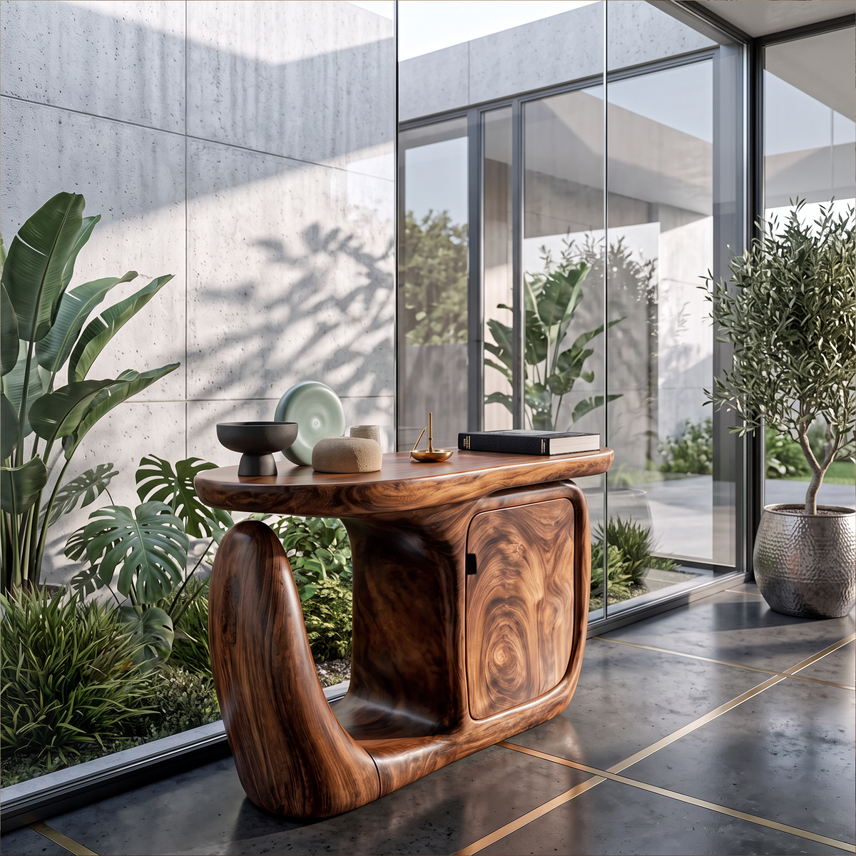 Table console contemporaine avec base sculpturale et rangement pour entrée SINLKICS704