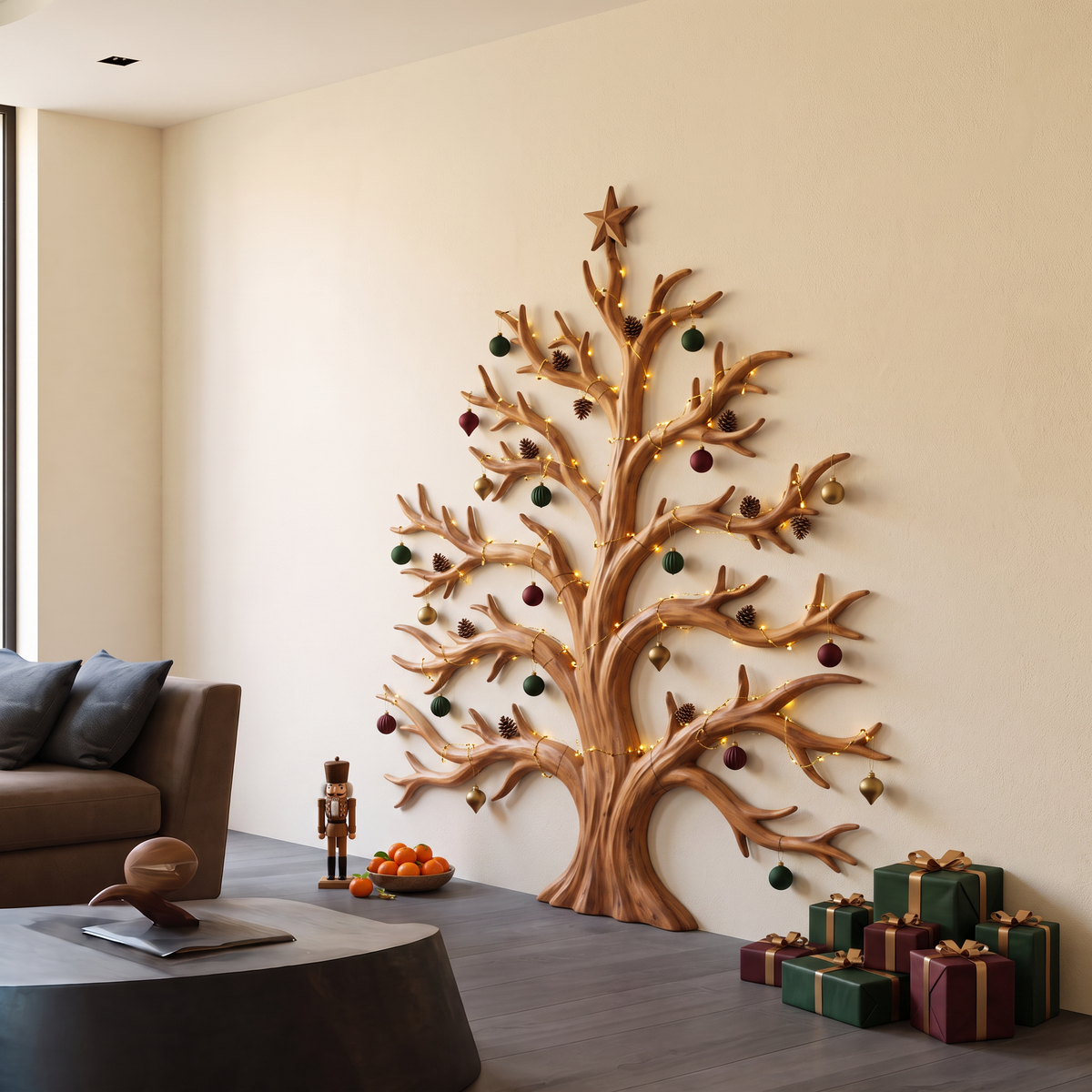 Sculpture murale rustique de Noël en bois avec motif d'arbre aux branches dénudées pour salon SINLSAWA139
