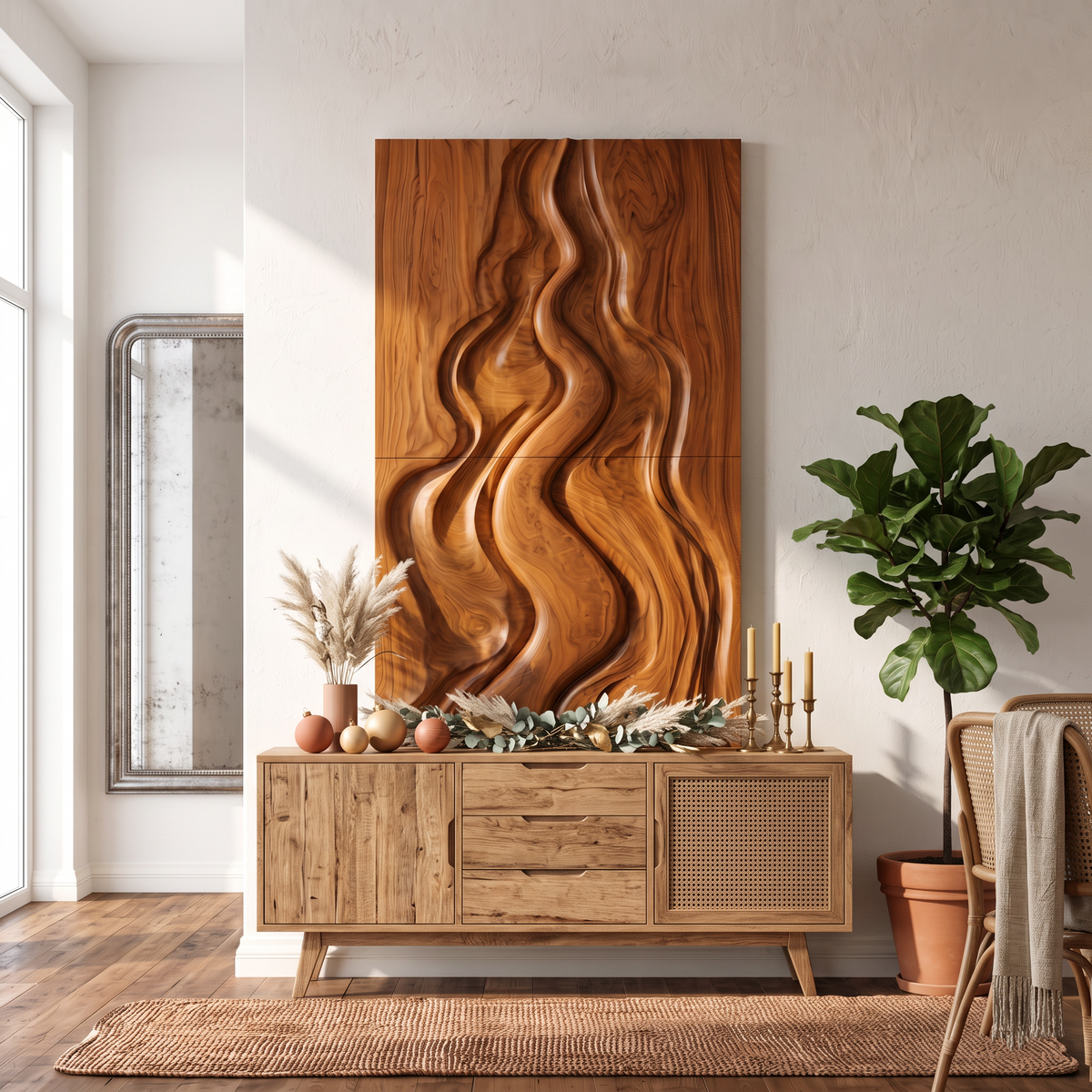 Décoration murale abstraite de Noël naturelle au design sculpté fluide pour chambre à coucher SINLSAWA149