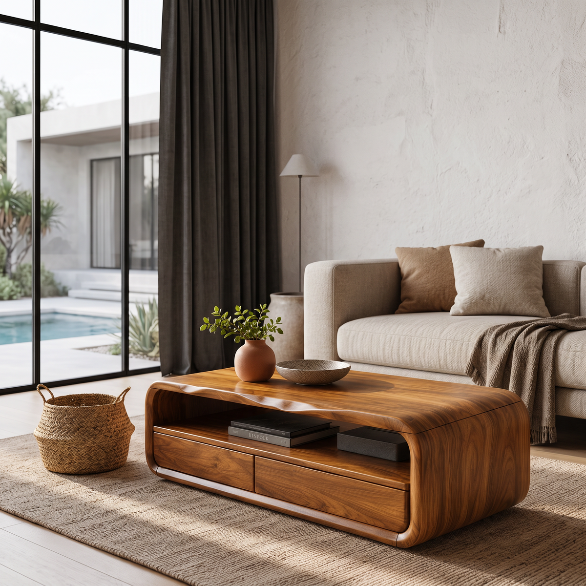 Table basse du milieu du siècle avec cadre arrondi et rangement pour salon SINLHACF423