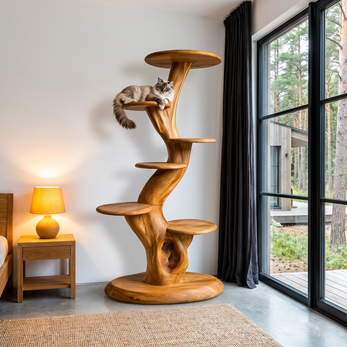 Arbre à chat sculptural rustique avec plateformes à plusieurs niveaux pour salon SINLHATT015