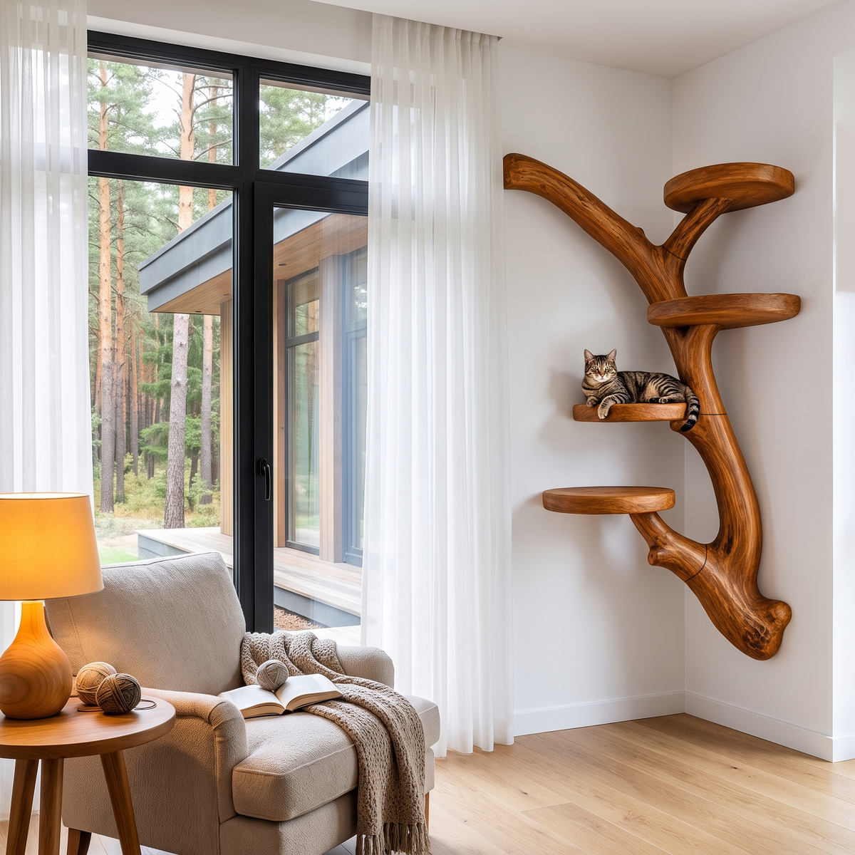 Arbre à chat mural moderne avec plateformes inspirées de branches pour chats d'intérieur SINLHATT019