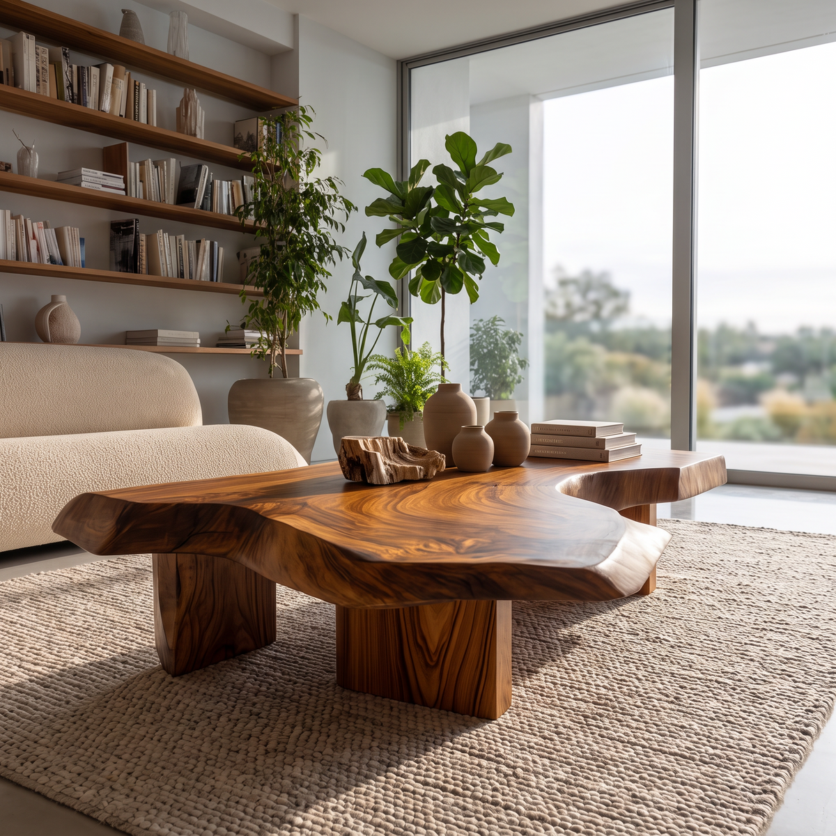 Table basse moderne en bois massif avec plateau sculptural pour salon SINLHACF421 SINLHACF421