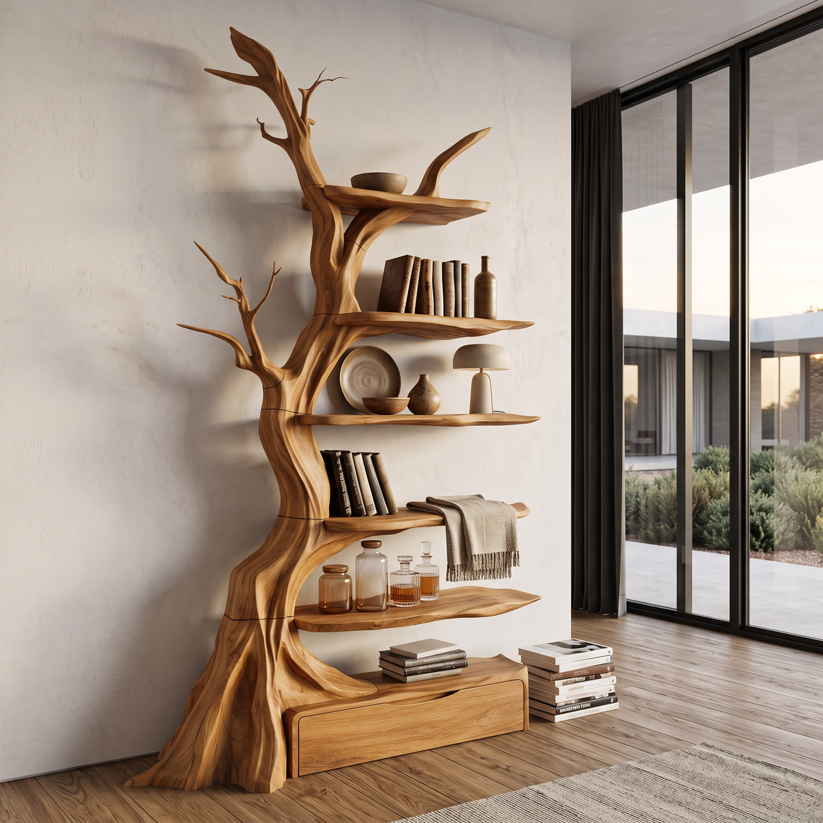 Bibliothèque arbre organique au design sculptural artisanal pour salon SINLHATB771