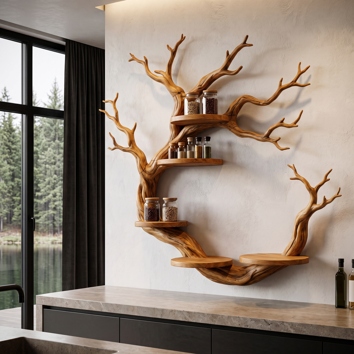 Bibliothèque rustique avec design sculptural en forme de branches circulaires pour salon SINLHAFL066