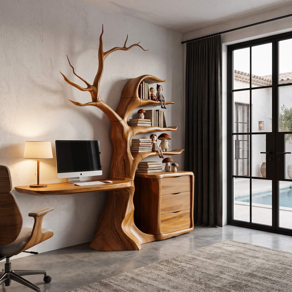 Bureau flottant naturel avec bibliothèque arbre sculpturale pour bureau à domicile SINLHADE172