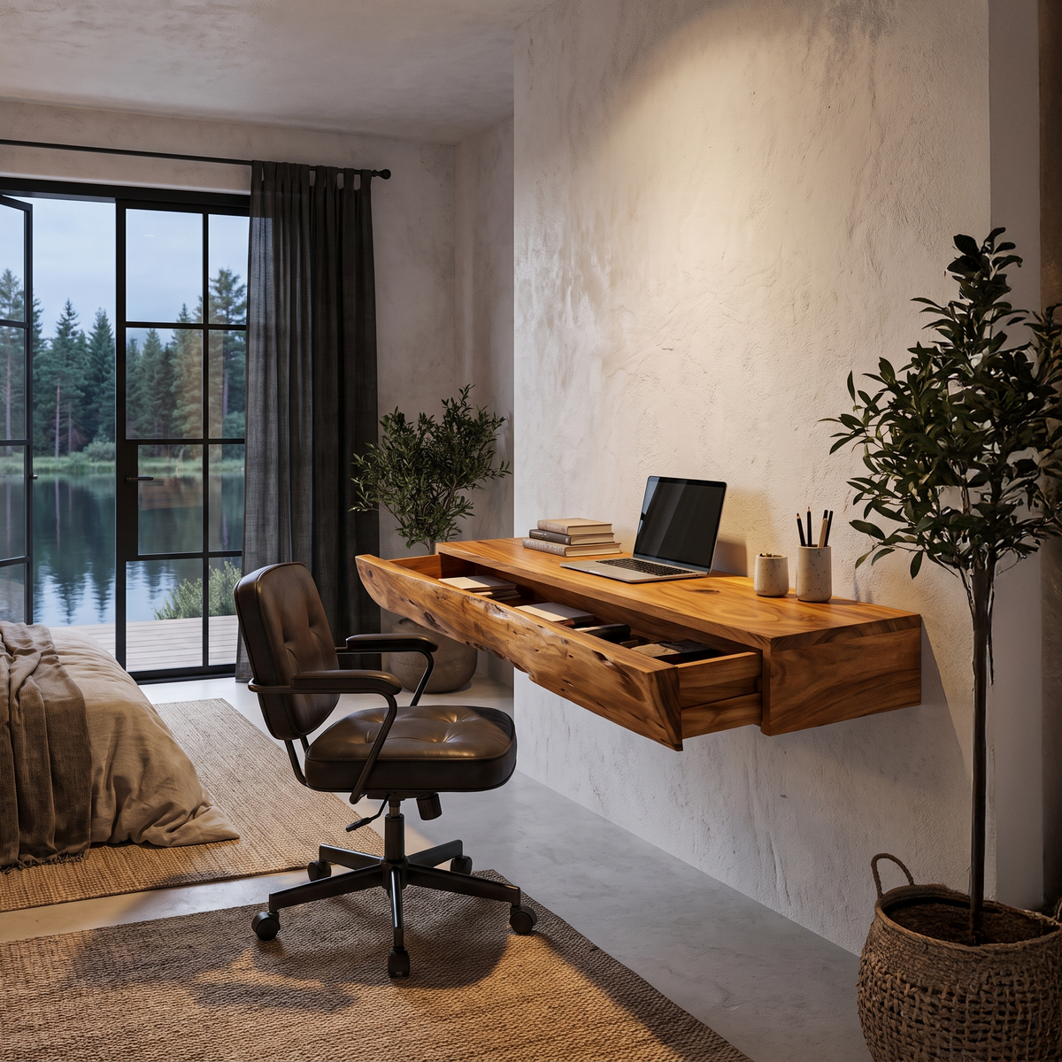 Bureau flottant rustique avec design à bord brut pour bureau à domicile et espace de travail SINLHADE169