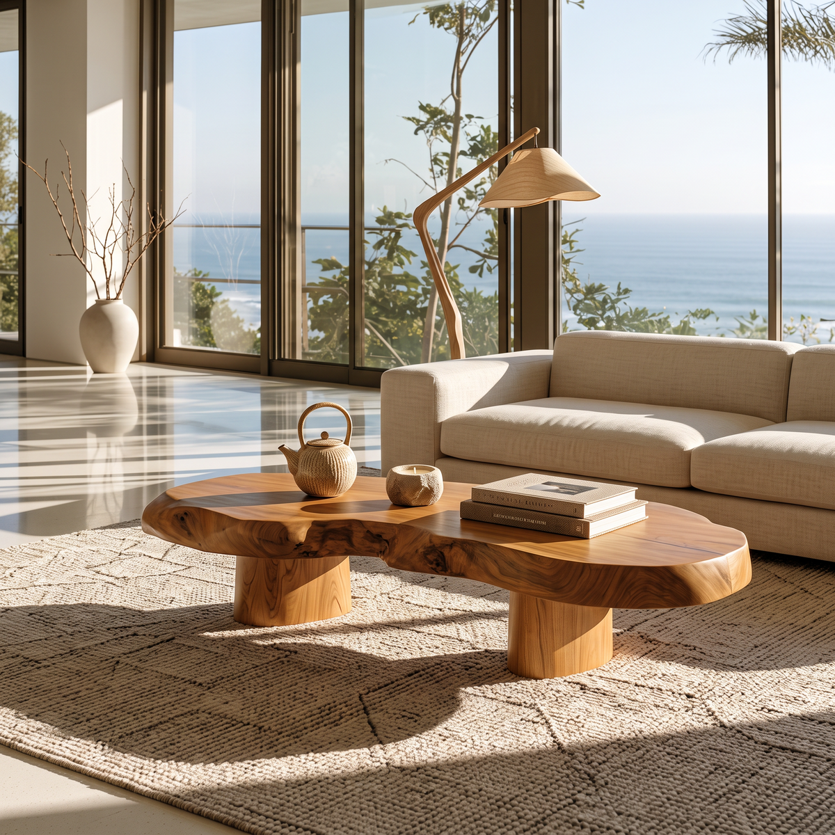 Table basse moderne en bois massif avec plateau sculptural pour salon SINLHACF421