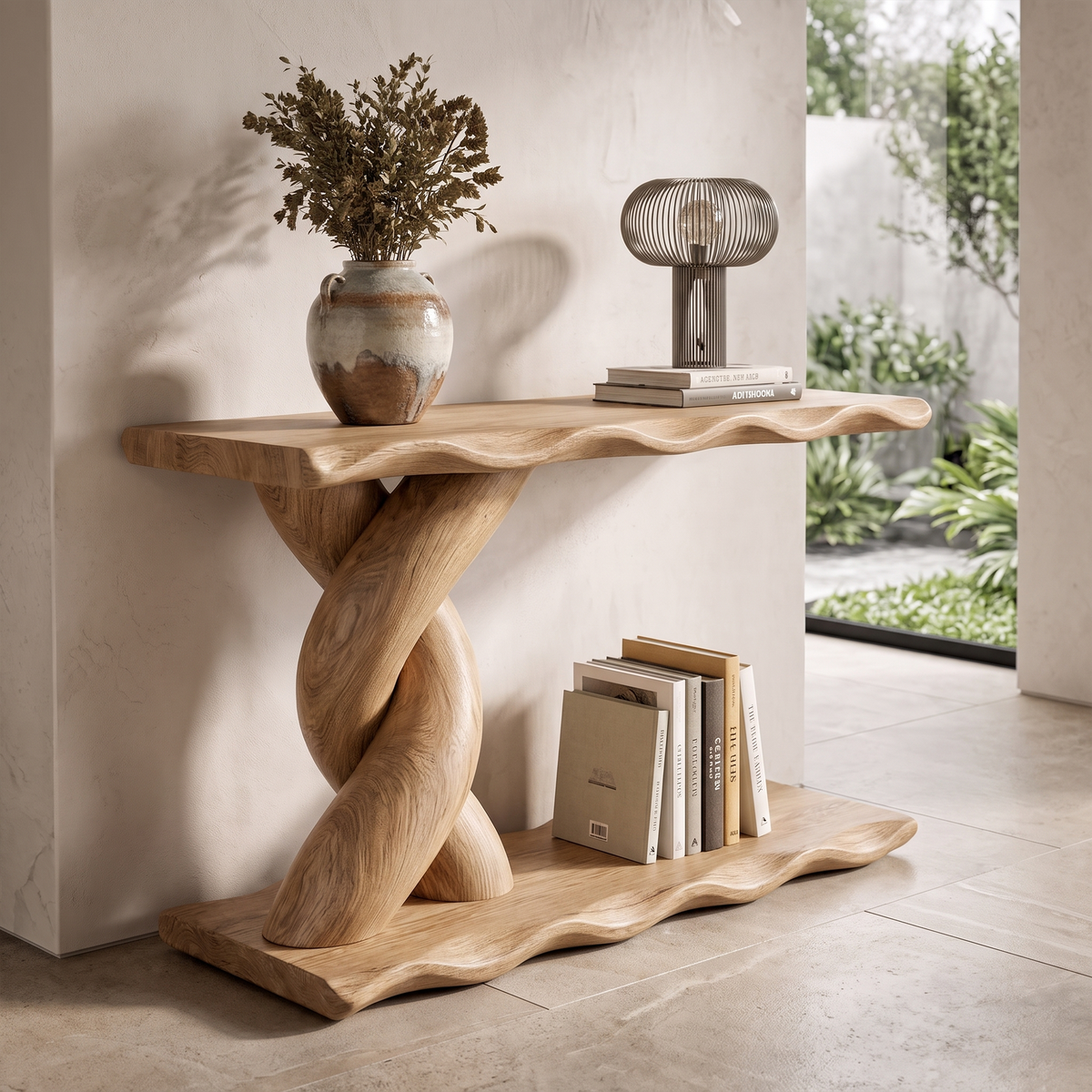 Table console contemporaine avec base en spirale et étagère de rangement inférieure pour salon SINLKICS701