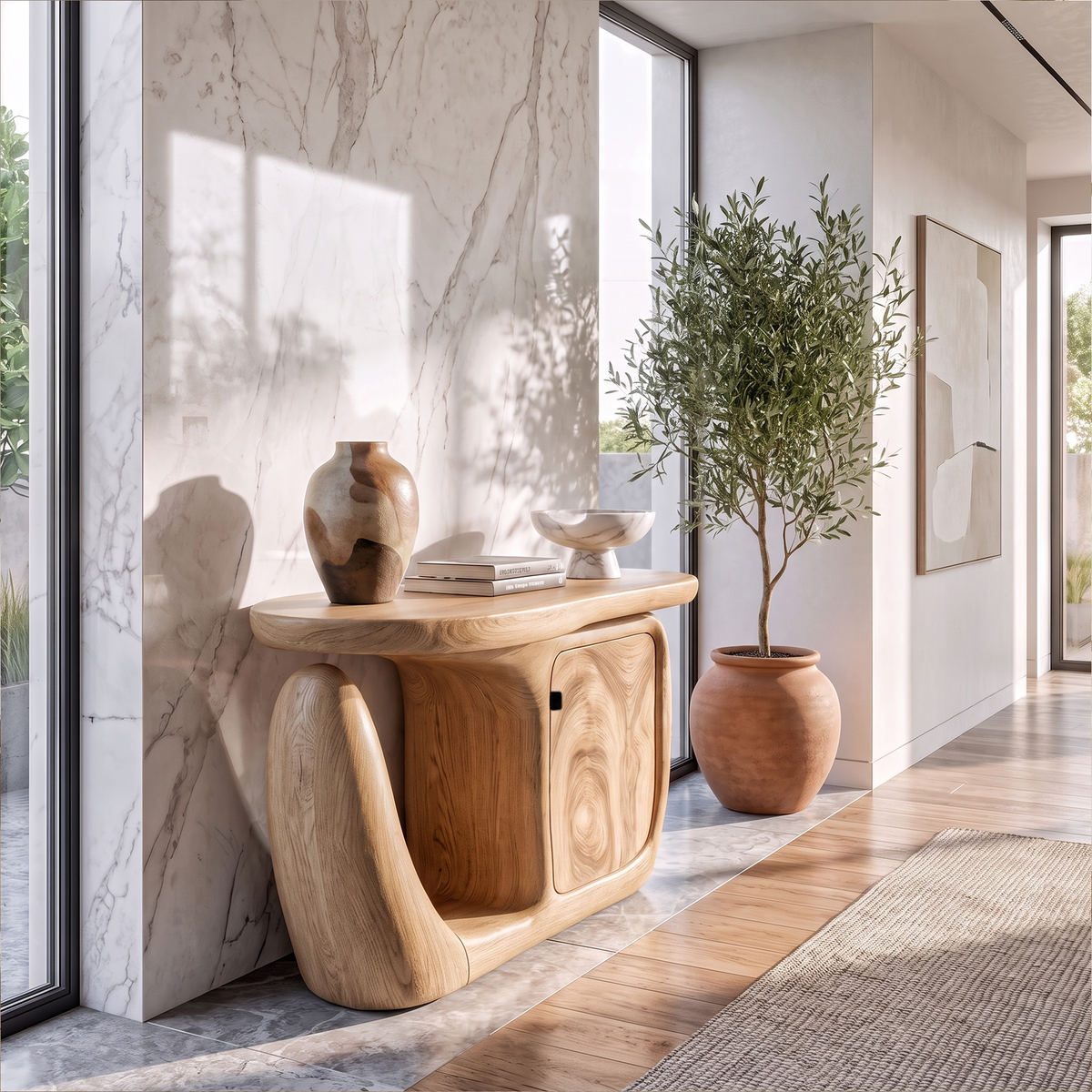 Table console contemporaine avec base sculpturale et rangement pour entrée SINLKICS704