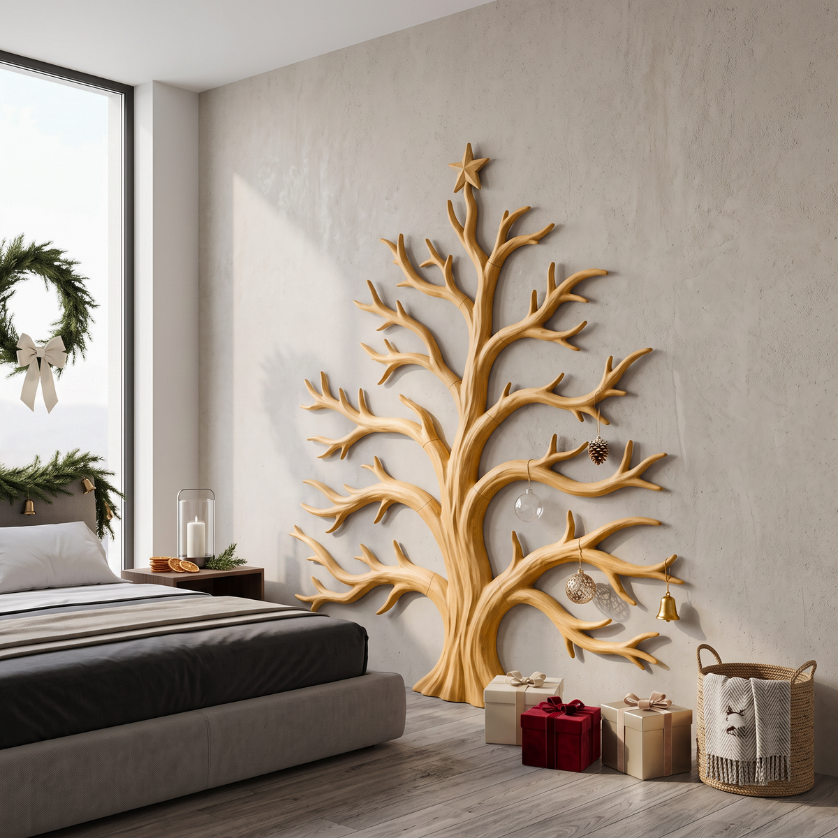 Sculpture murale rustique de Noël en bois avec motif d'arbre aux branches dénudées pour salon SINLSAWA139