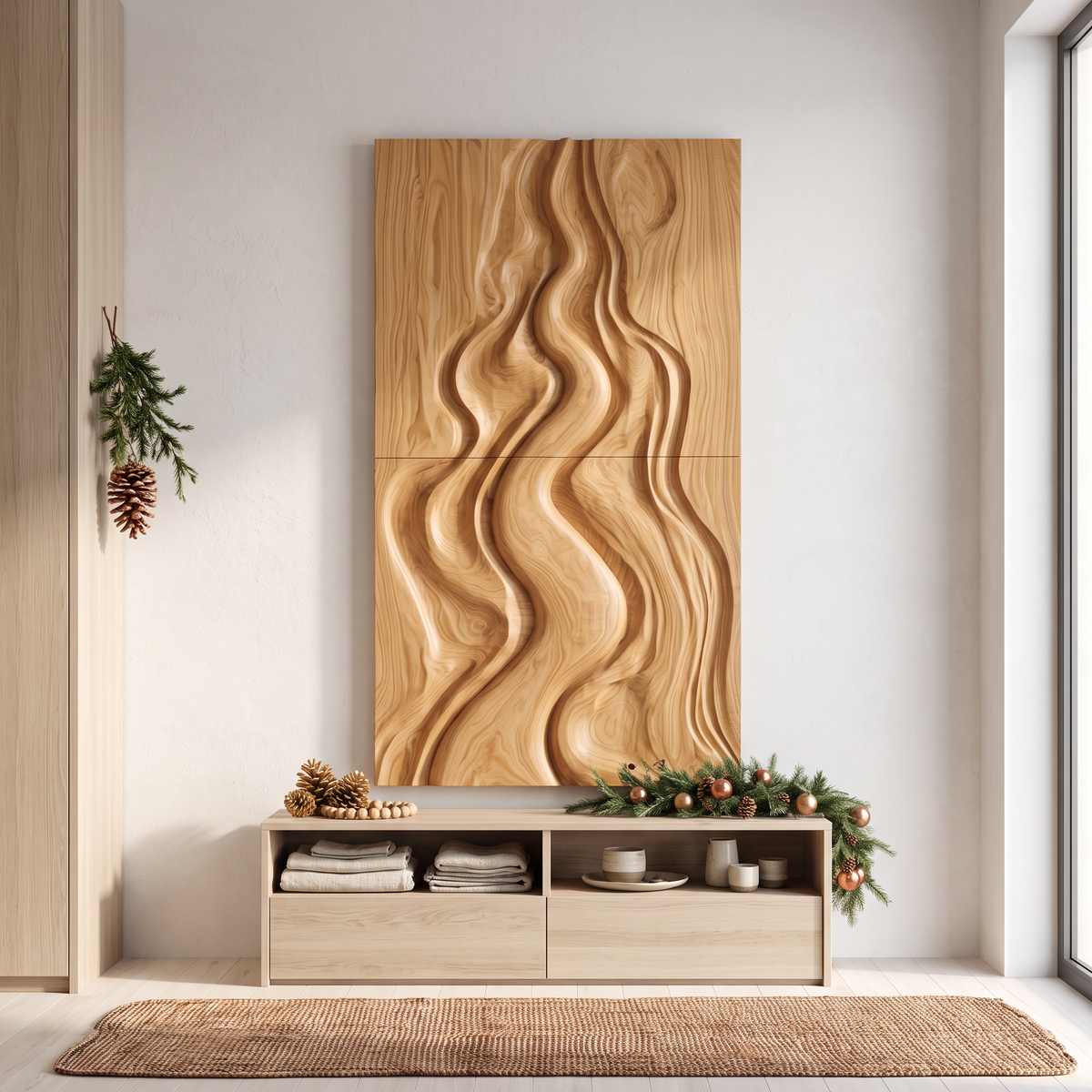 Décoration murale abstraite de Noël naturelle au design sculpté fluide pour chambre à coucher SINLSAWA149