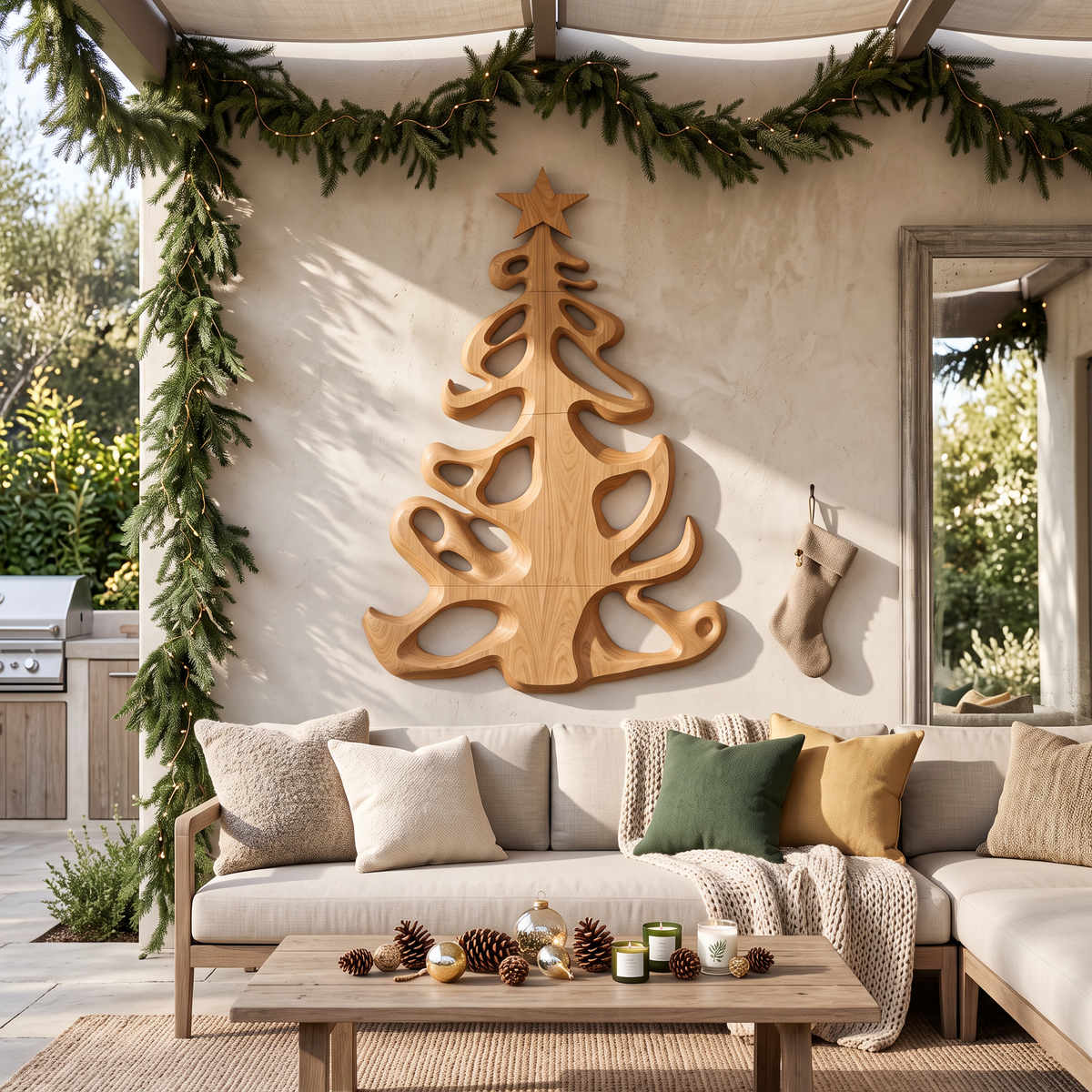 Décoration de Noël organique en bois avec silhouette d'arbre fluide pour entrée SINLSAWA152