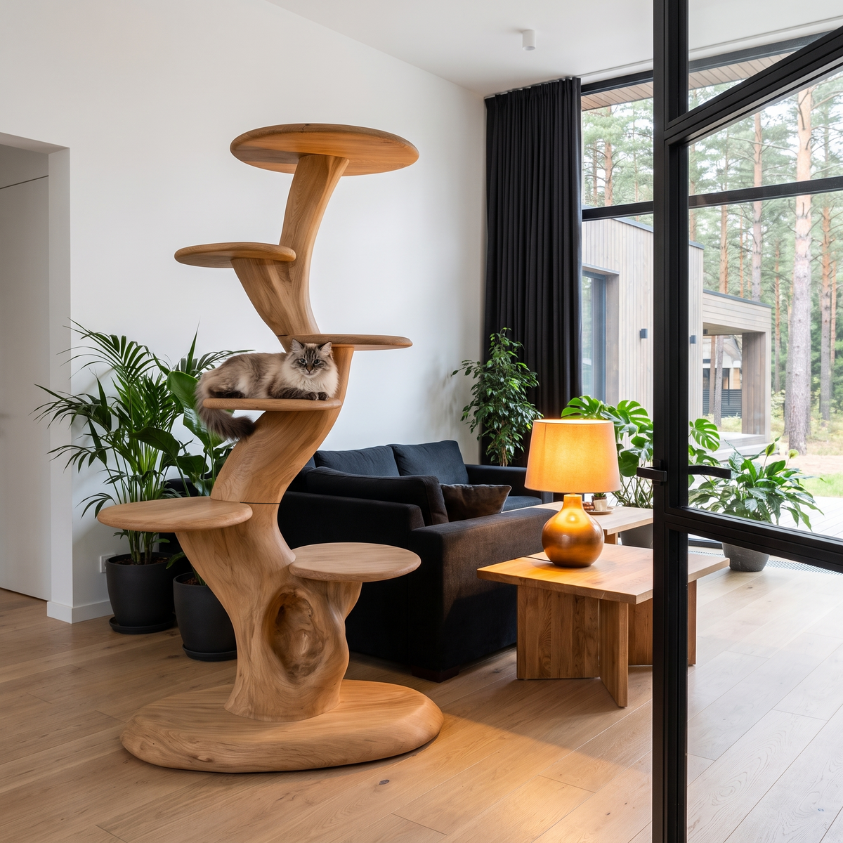 Arbre à chat sculptural rustique avec plateformes à plusieurs niveaux pour salon SINLHATT015