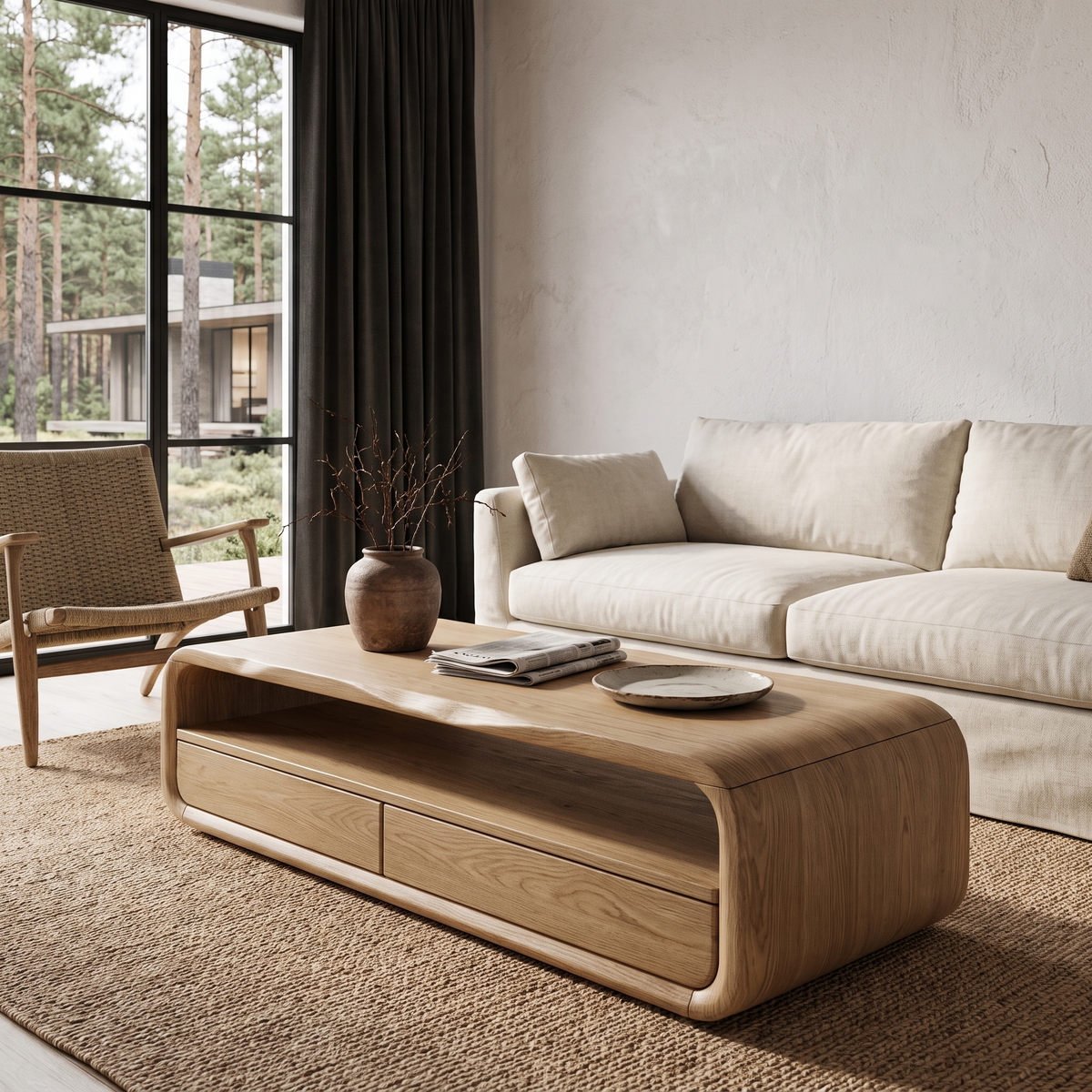 Table basse du milieu du siècle avec cadre arrondi et rangement pour salon SINLHACF423