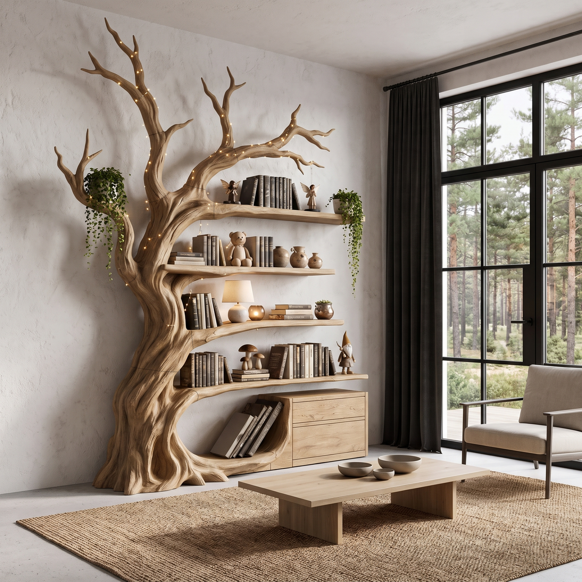 Bibliothèque moderne en forme d'arbre, étagères en branches fabriquées à la main pour bibliothèque maison SINLHATB768