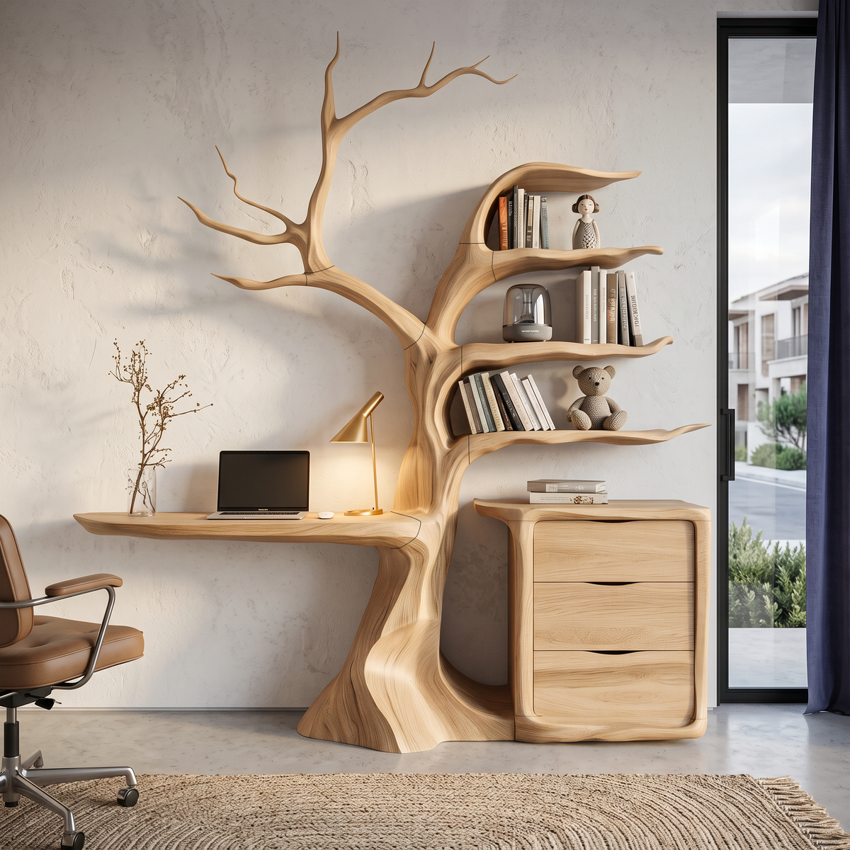 Bureau flottant naturel avec bibliothèque arbre sculpturale pour bureau à domicile SINLHADE172