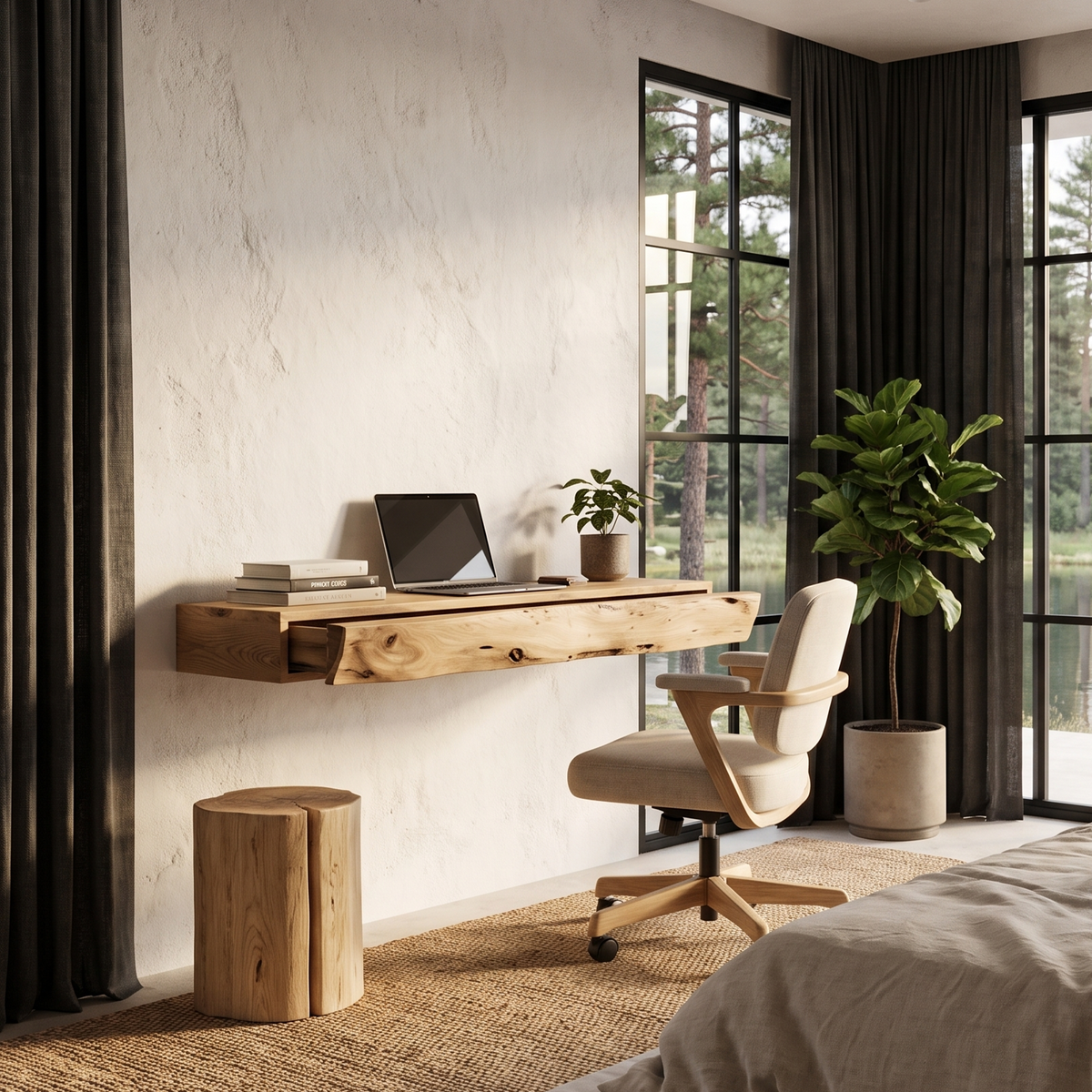 Bureau flottant rustique avec design à bord brut pour bureau à domicile et espace de travail SINLHADE169
