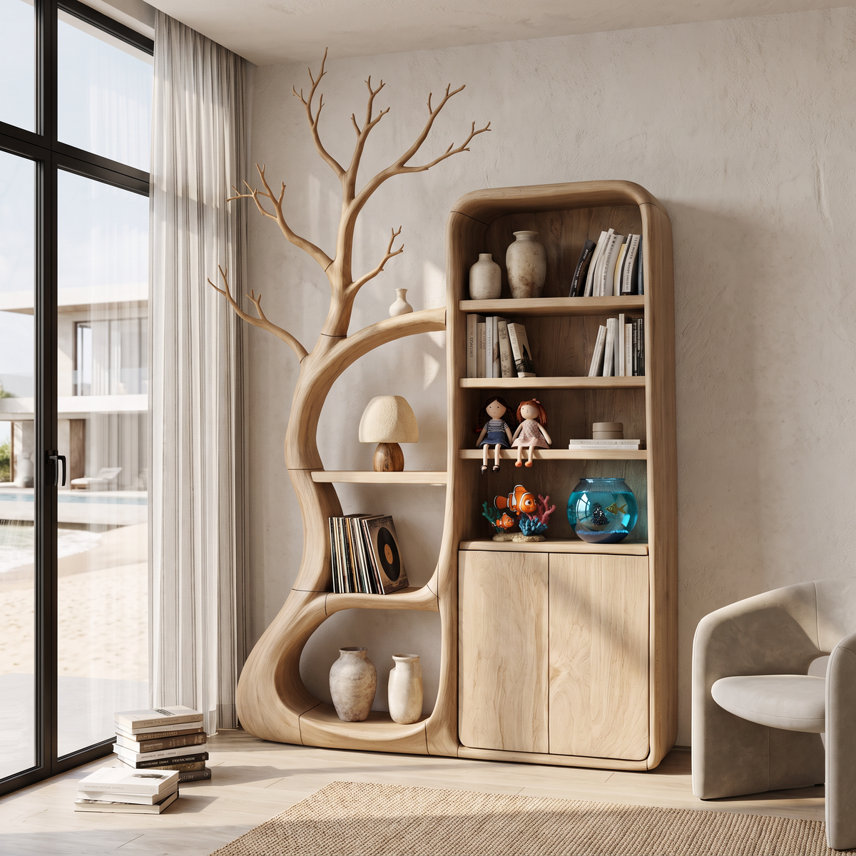 Meuble rustique avec étagères inspirées de branches pour salle de lecture SINLHASD541