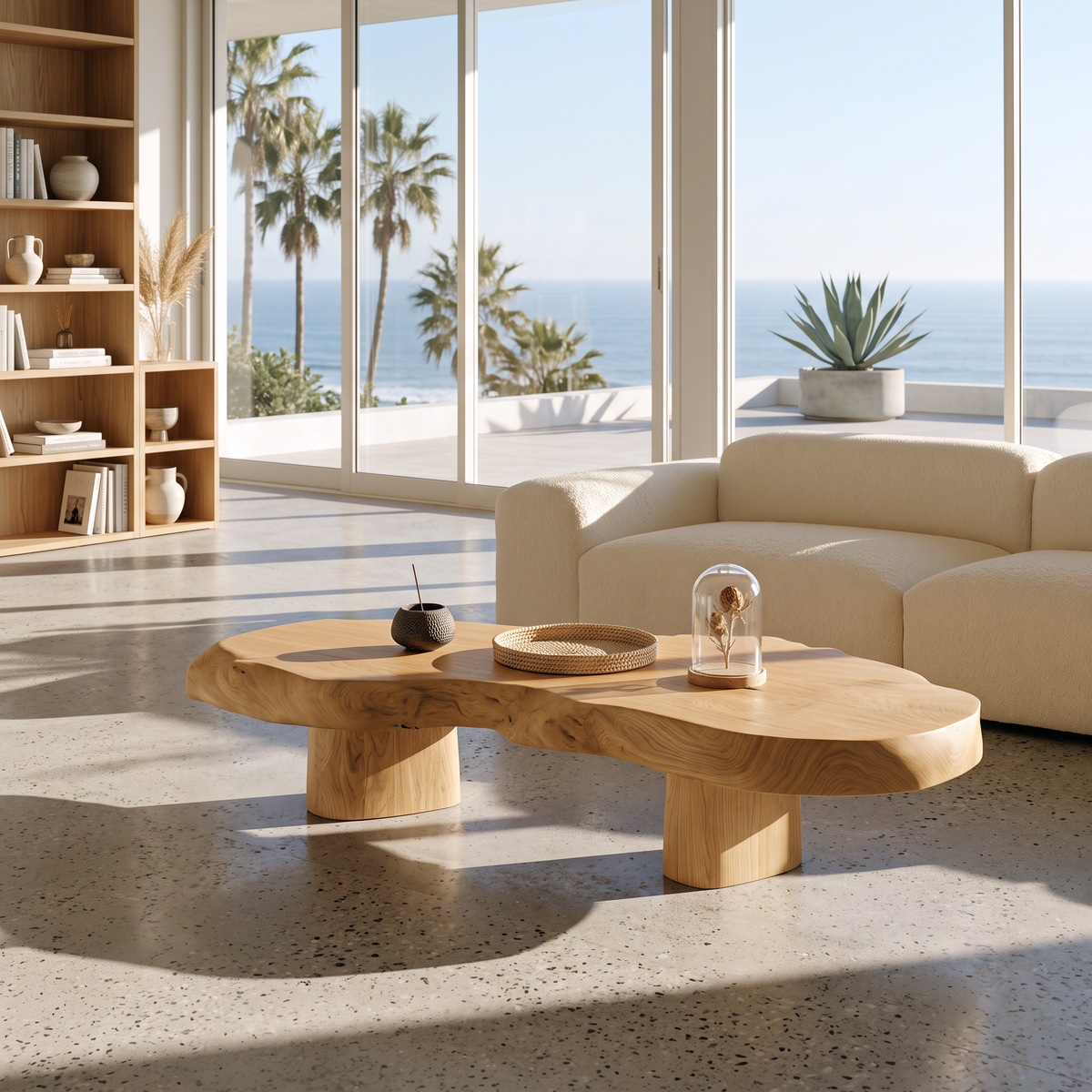 Table basse moderne en bois massif avec plateau sculptural pour salon SINLHACF421
